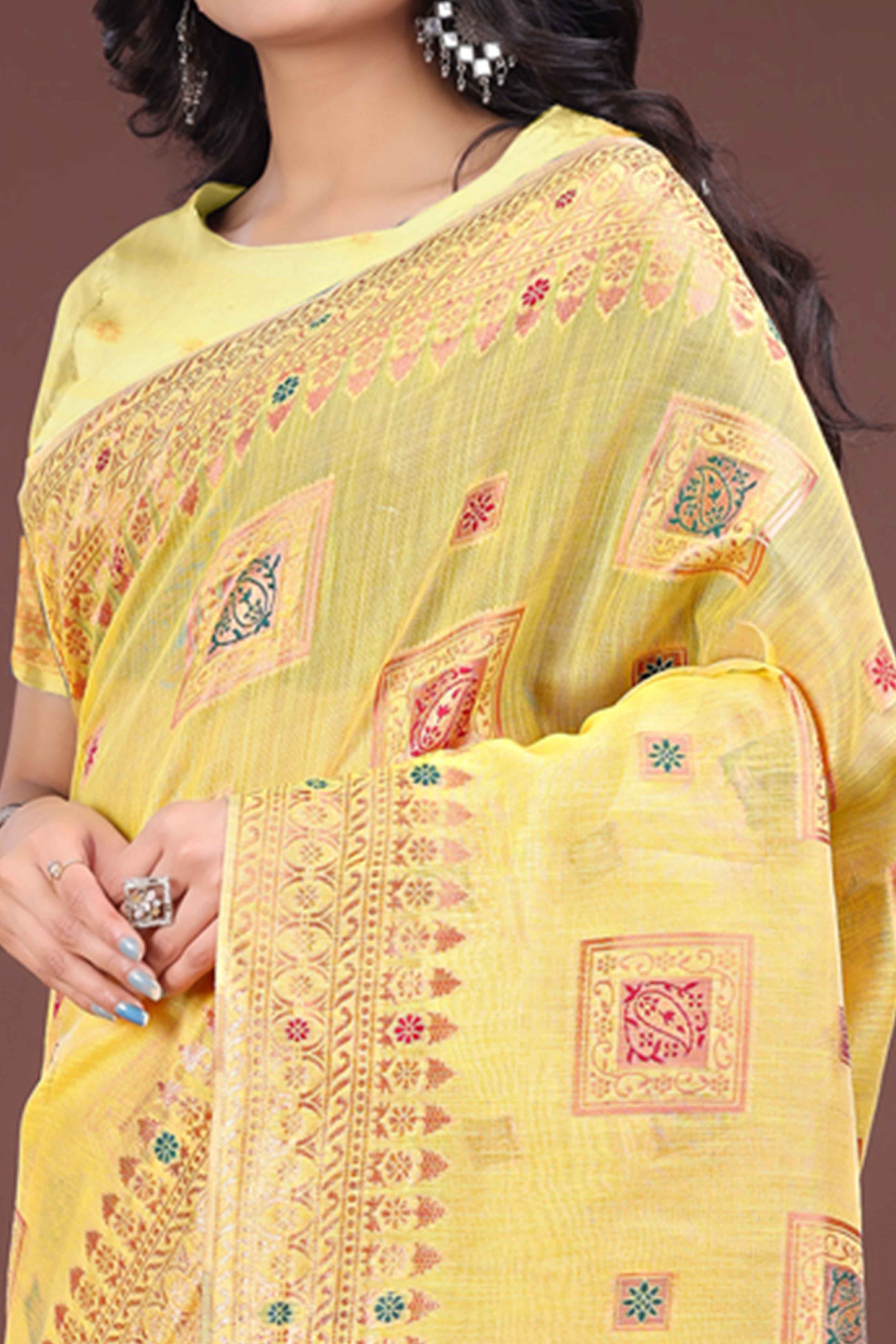 Dazzling Floral Zari Weaving Embellished Yellow Saree In Linen Cotton with Tassel Accents