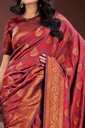 Maroon Banarasi Saree in Silk with Intricately Woven Zari Florals