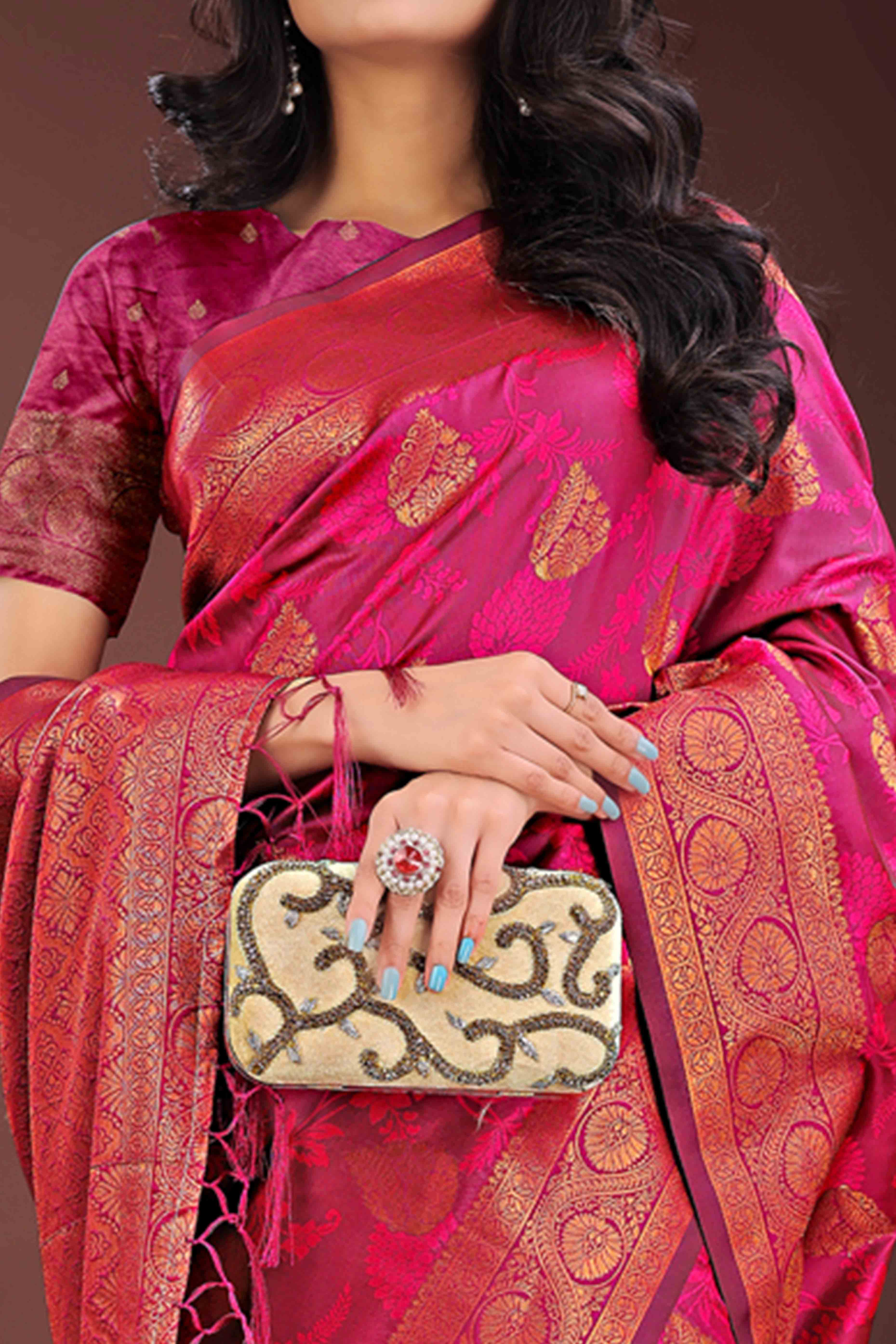 Magenta Banarasi Saree in Silk with Intricately Woven Zari Florals