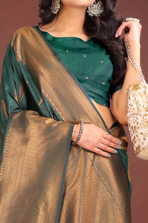 Green Zari Woven Banarasi Silk Saree With Timeless Tassel Border