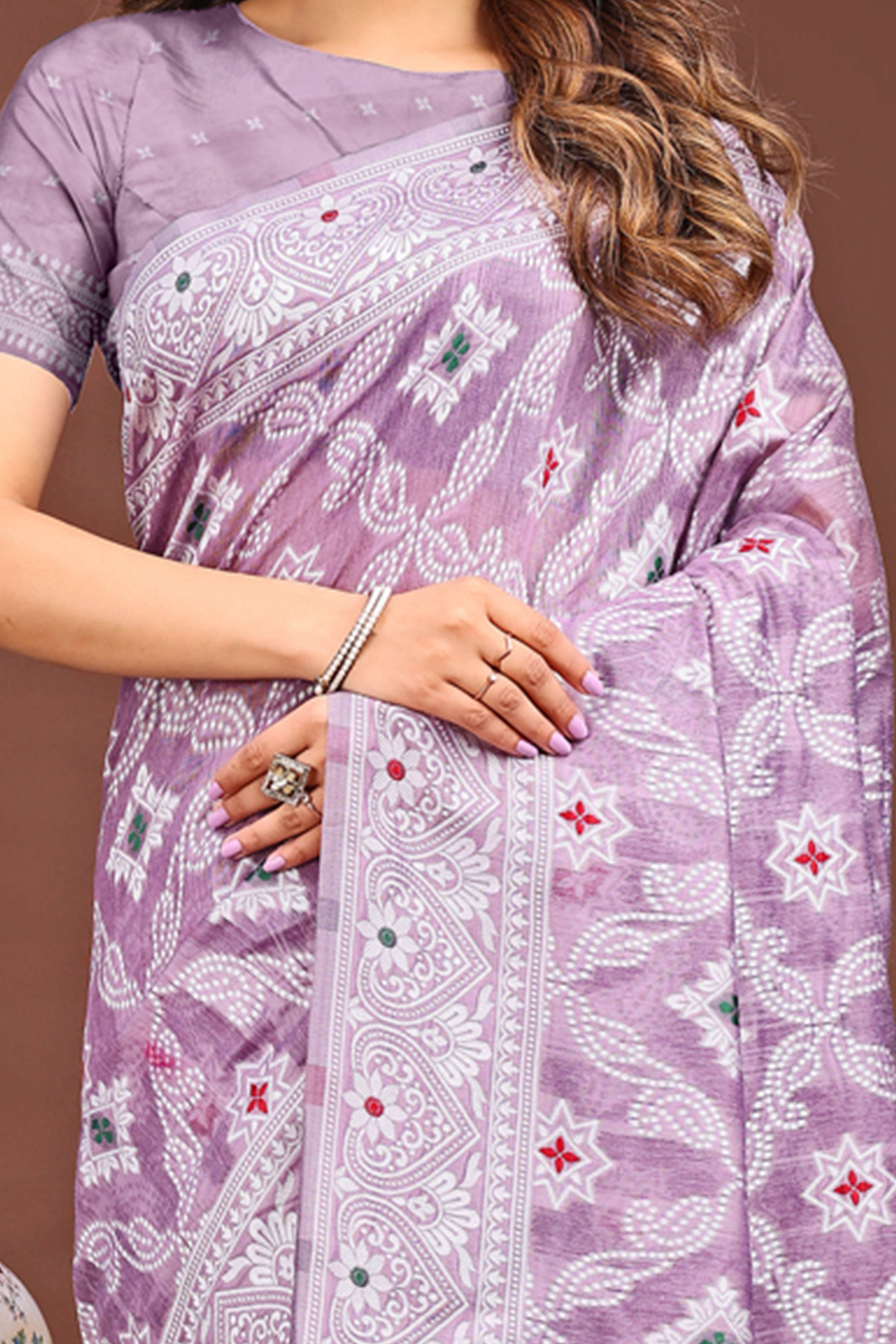 Traditional Bandhani Inspired Woven Purple Saree in Breathable Linen Cotton
