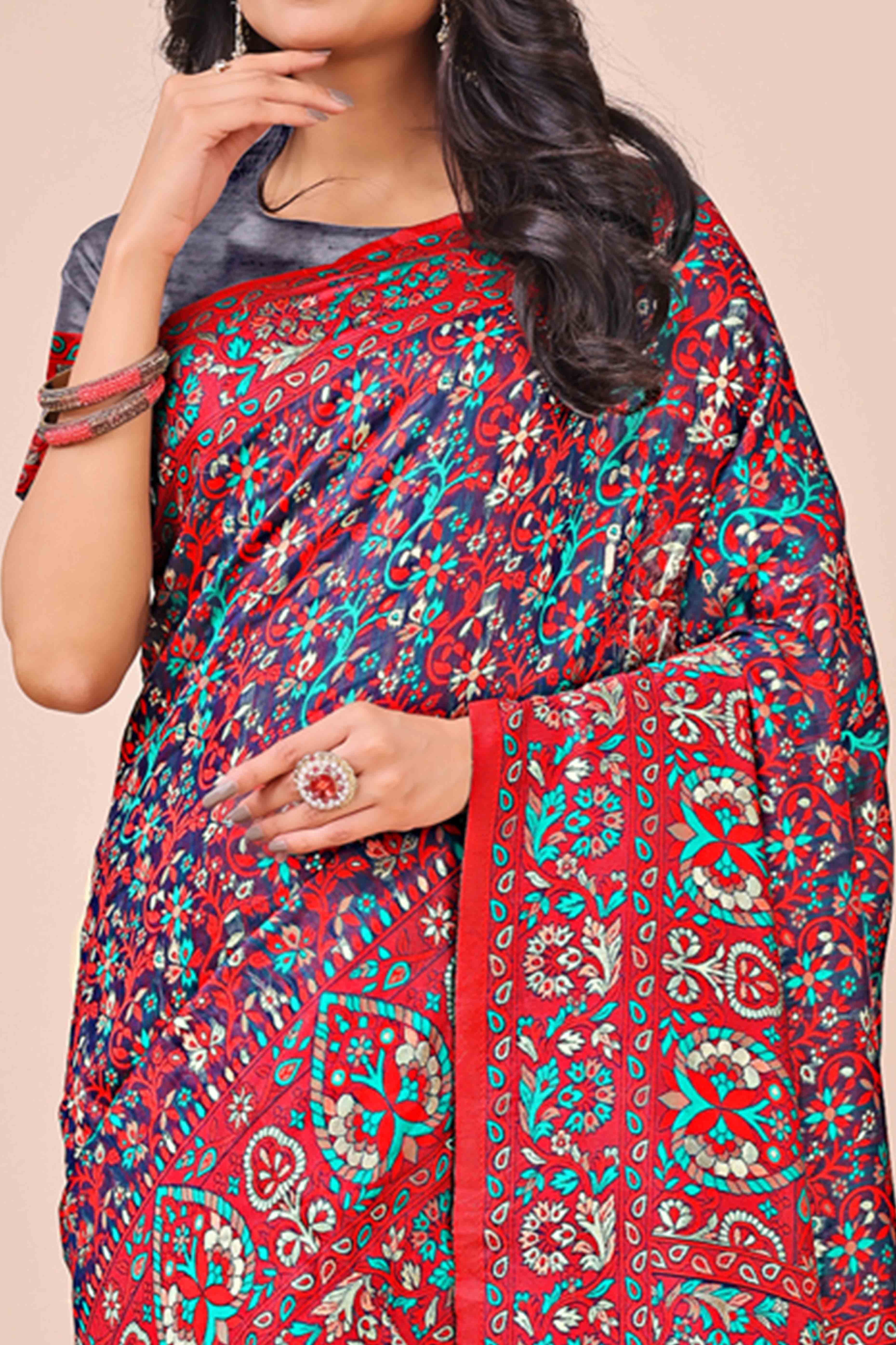 Red & Blue Floral Woven Cotton Blend Saree With A Breezy Tassel Finish