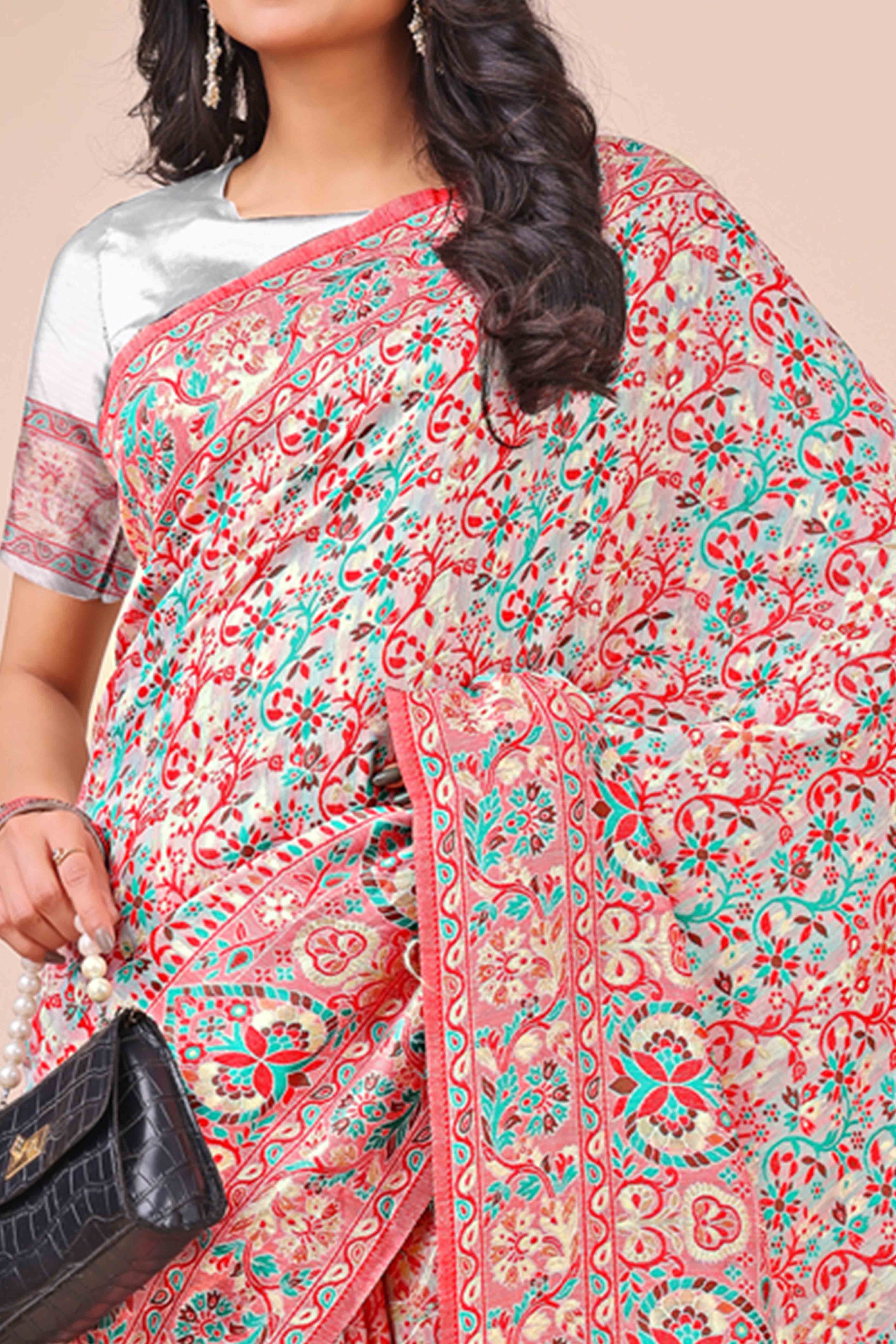 White Floral Woven Cotton Blend Saree With A Breezy Tassel Finish