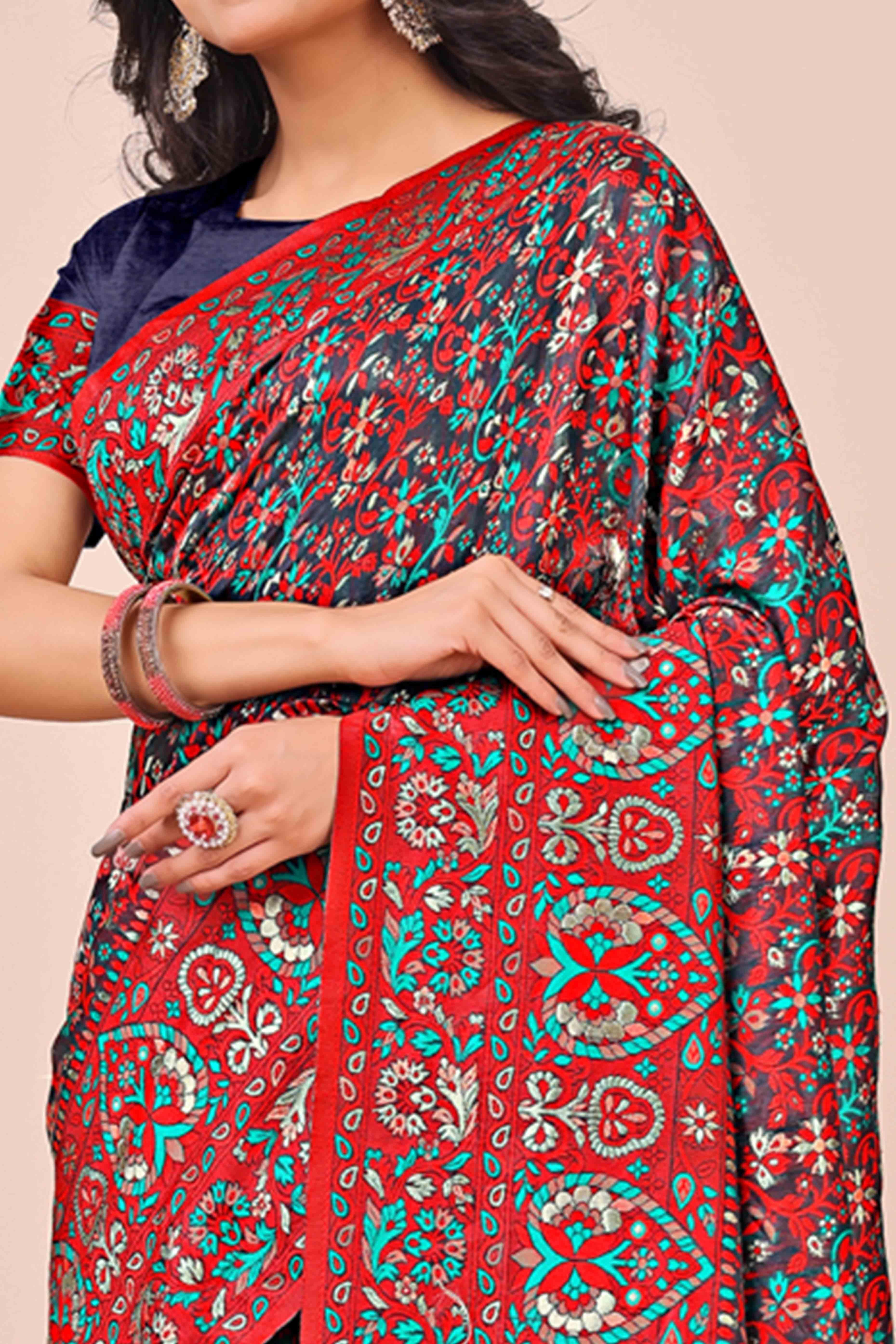 Red & Black Floral Woven Cotton Blend Saree With A Breezy Tassel Finish