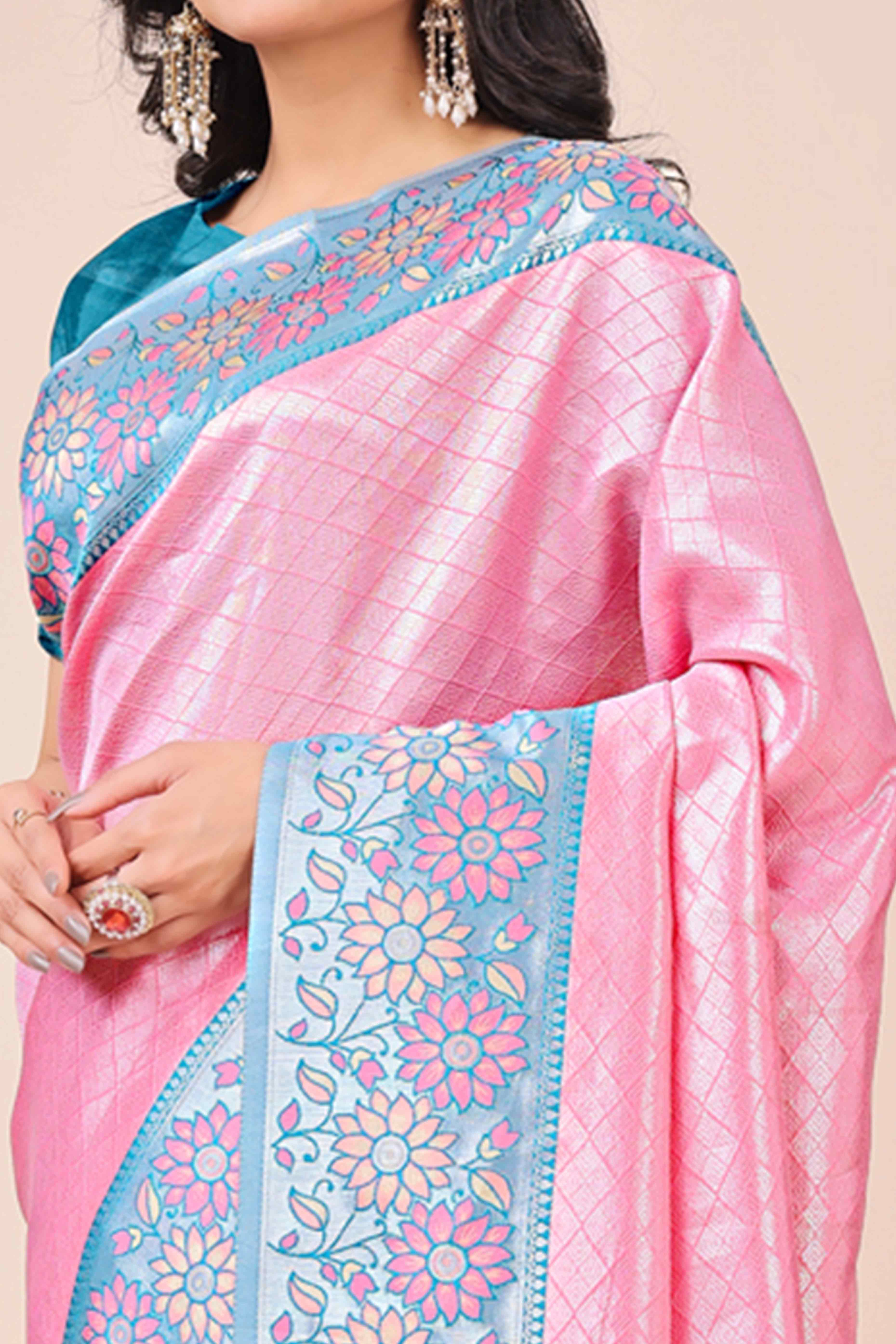 Pink Lichi Silk Blend Saree With Exquisite Floral Weaving & Graceful Tassel Details