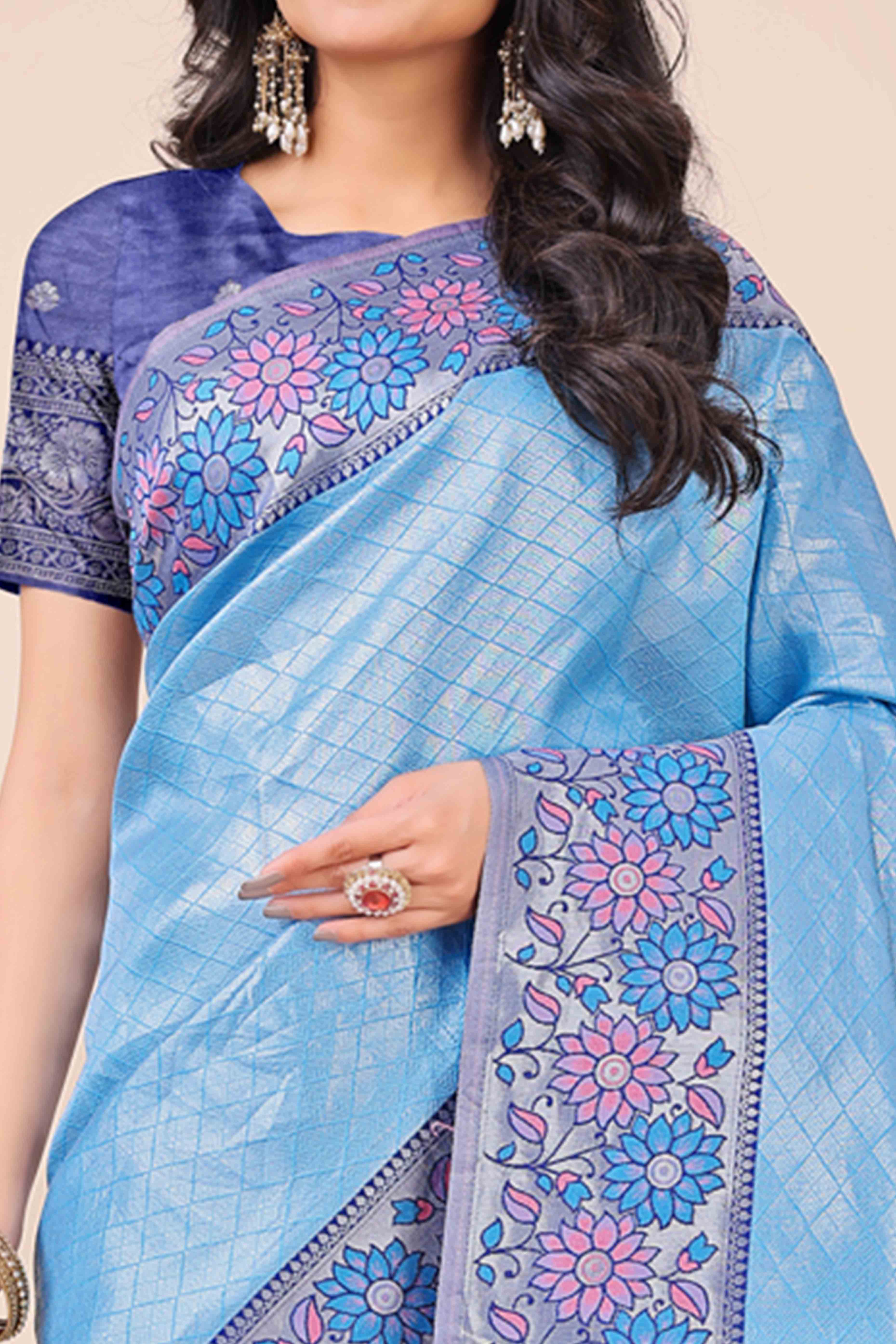 Blue Lichi Silk Blend Saree With Exquisite Floral Weaving & Graceful Tassel Details