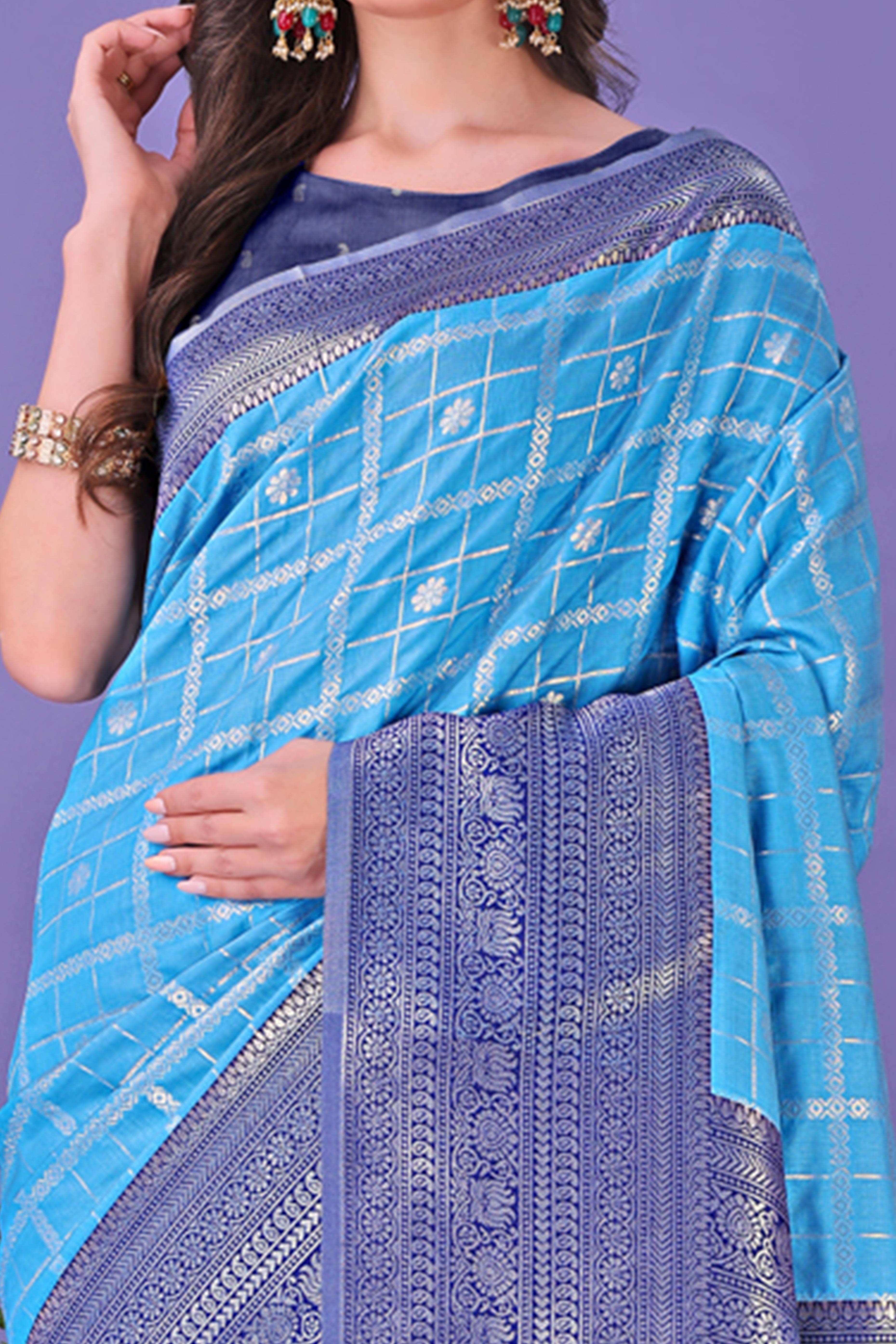 Blue Banarasi Weave in Checked Design with Lustrous Zari Embellishments
