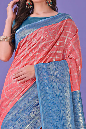 Peach Banarasi Weave in Checked Design with Lustrous Zari Embellishments