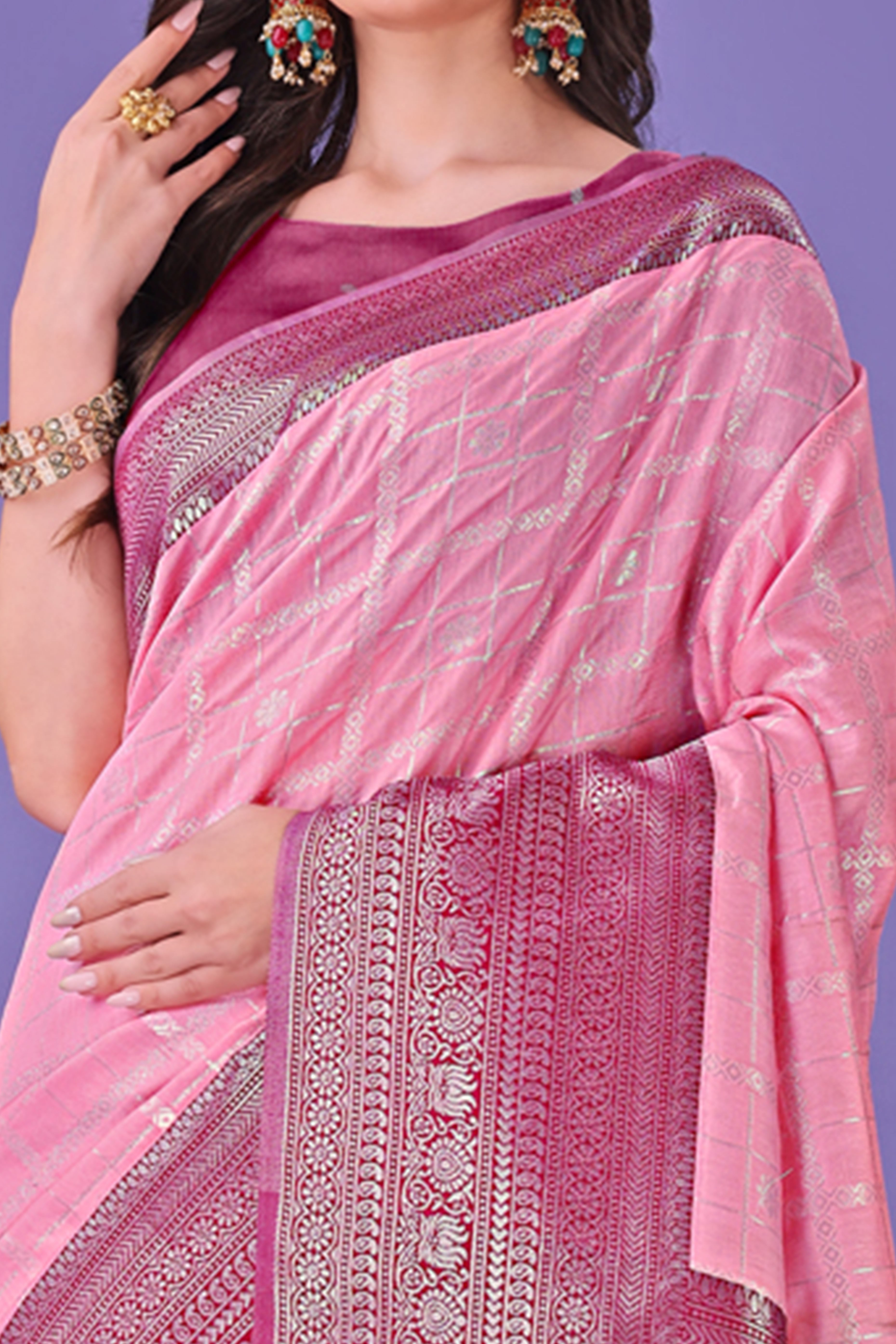 Pink Banarasi Weave in Checked Design with Lustrous Zari Embellishments