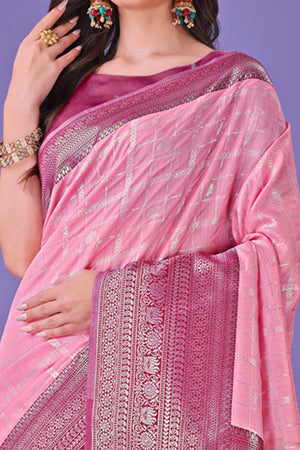 Pink Banarasi Weave in Checked Design with Lustrous Zari Embellishments