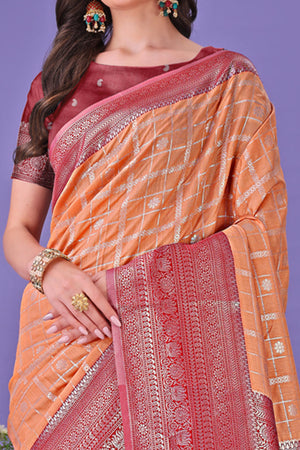 Orange Banarasi Weave in Checked Design with Lustrous Zari Embellishments