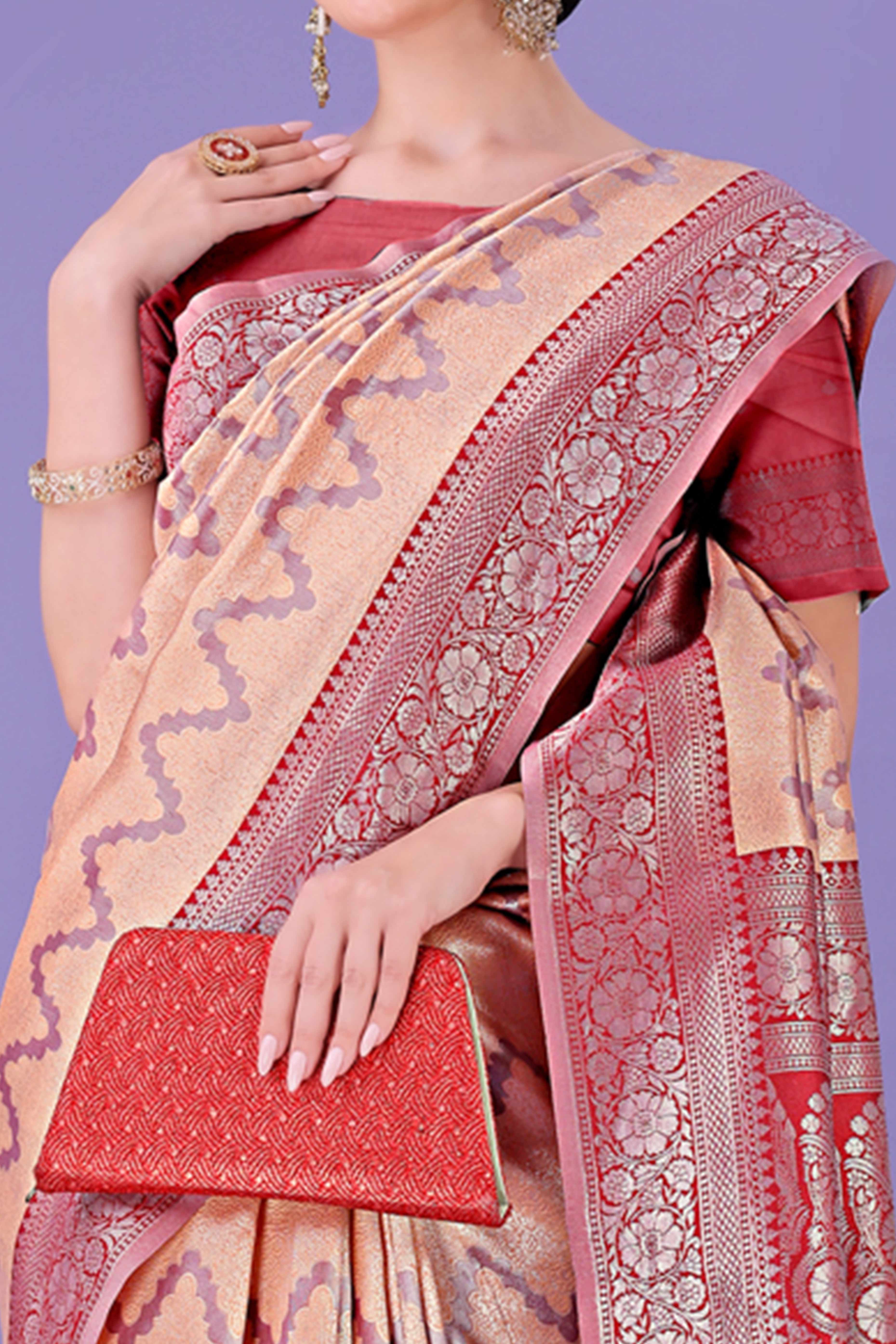Peach Lichi Cotton Silk Saree Adorned With Floral Zari Weave & Tassels