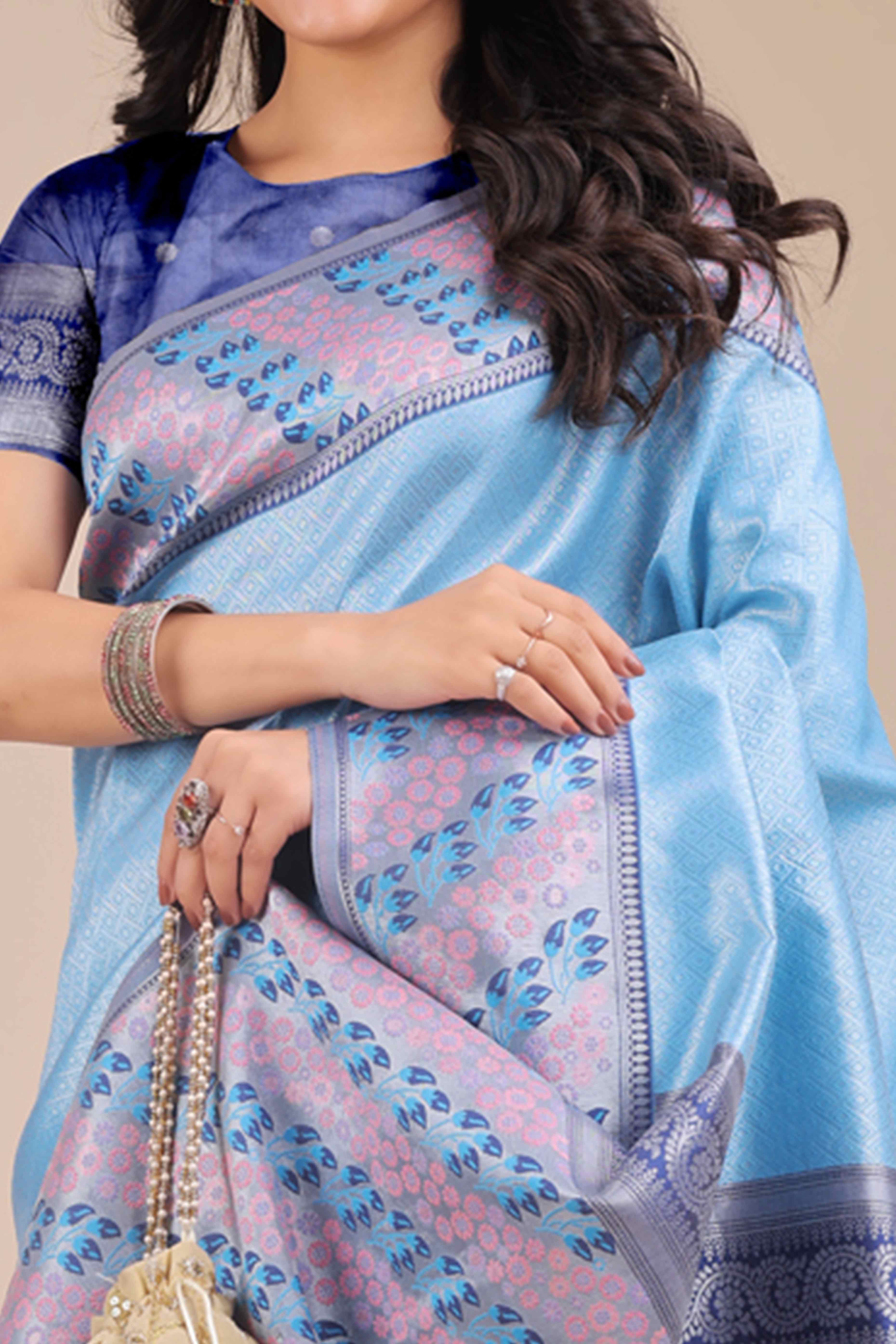 Blue Silk Blend Saree Embellished With Zari Weaving & Tassel Accents