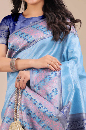 Blue Silk Blend Saree Embellished With Zari Weaving & Tassel Accents