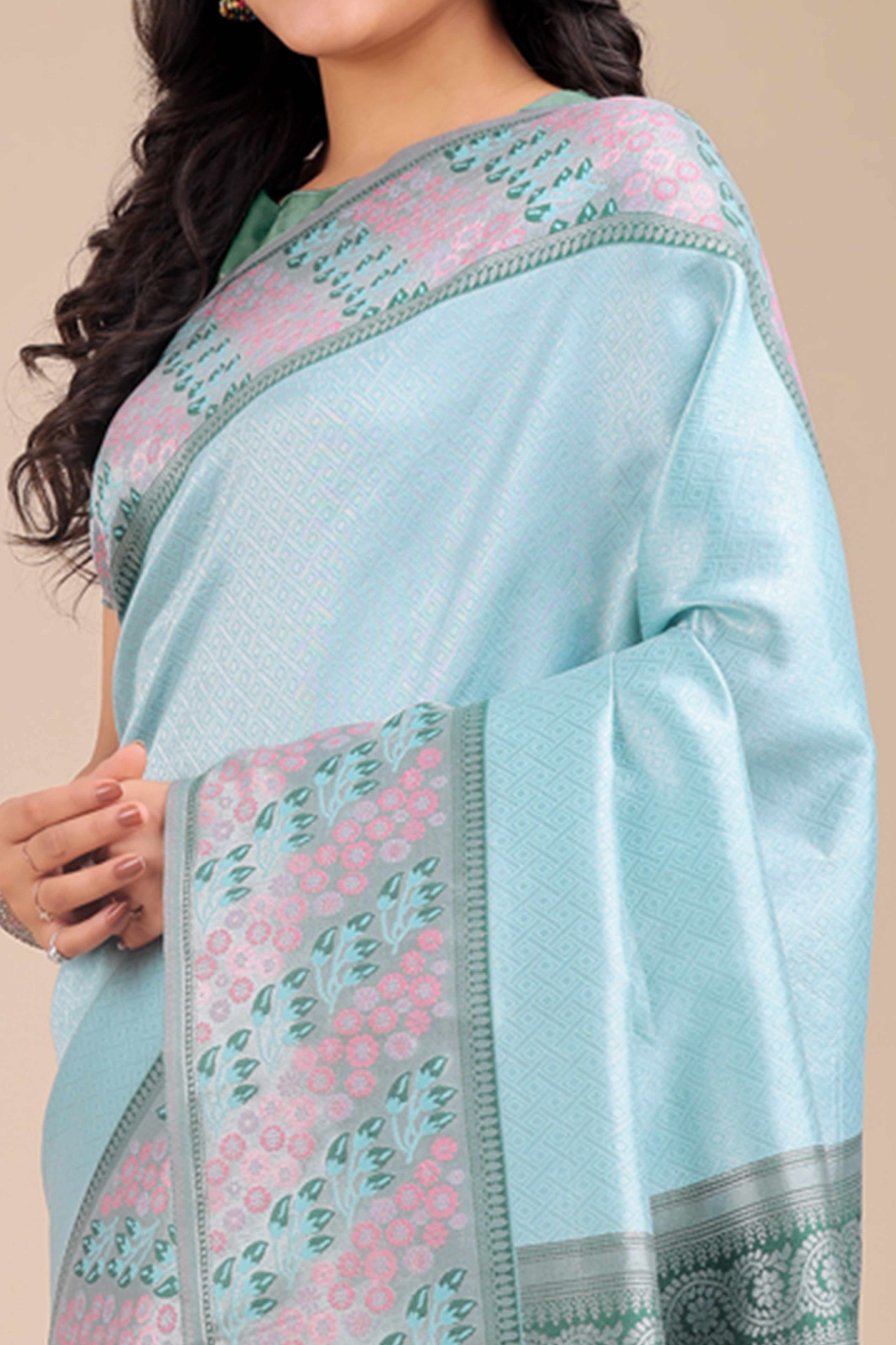 Light Blue Silk Blend Saree Embellished With Zari Weaving & Tassel Accents