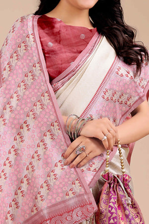 Cream Silk Blend Saree Embellished With Zari Weaving & Tassel Accents