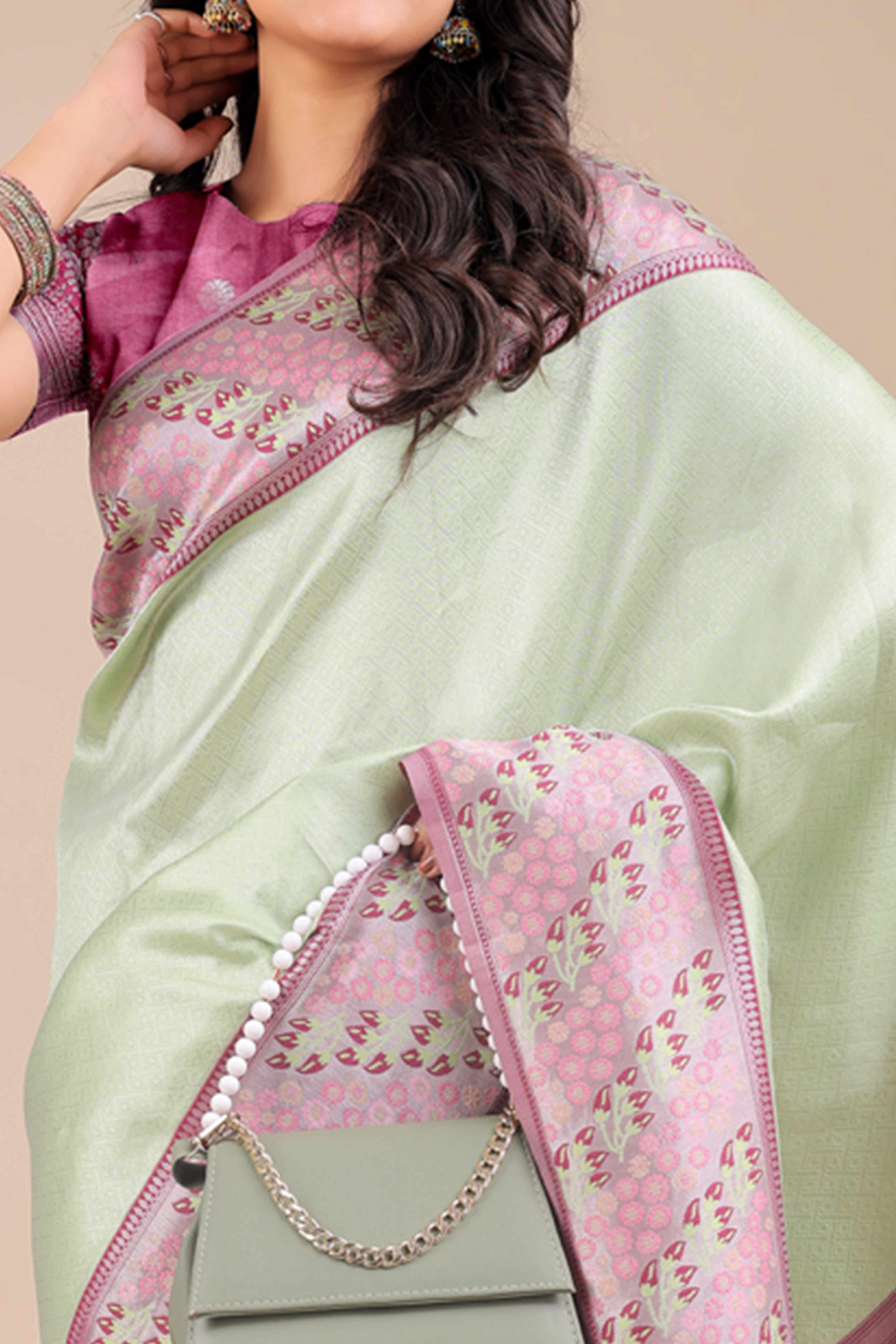 Light Green Silk Blend Saree Embellished With Zari Weaving & Tassel Accents