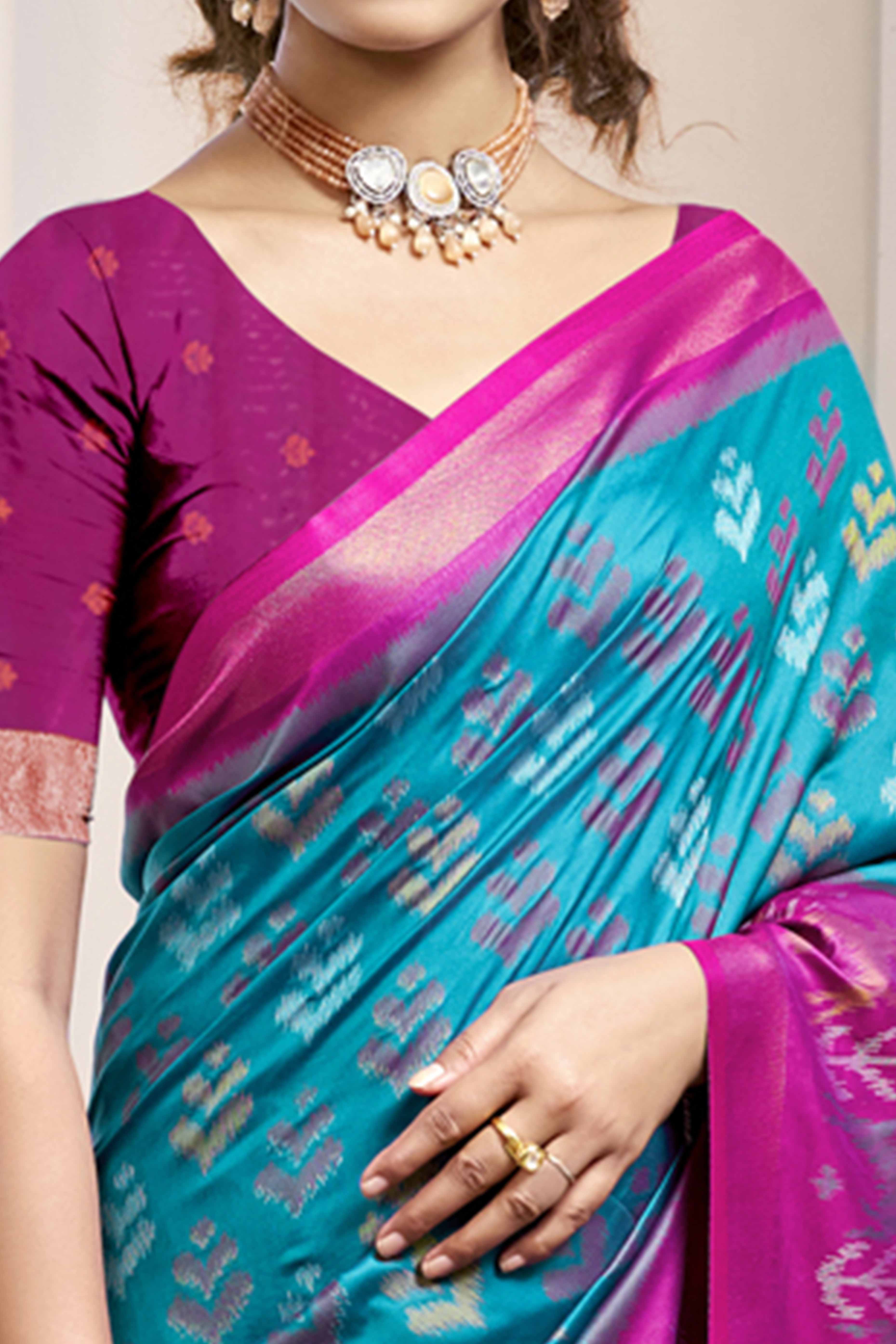 Sky Blue Ikat Woven Silk Saree for Festive Celebrations