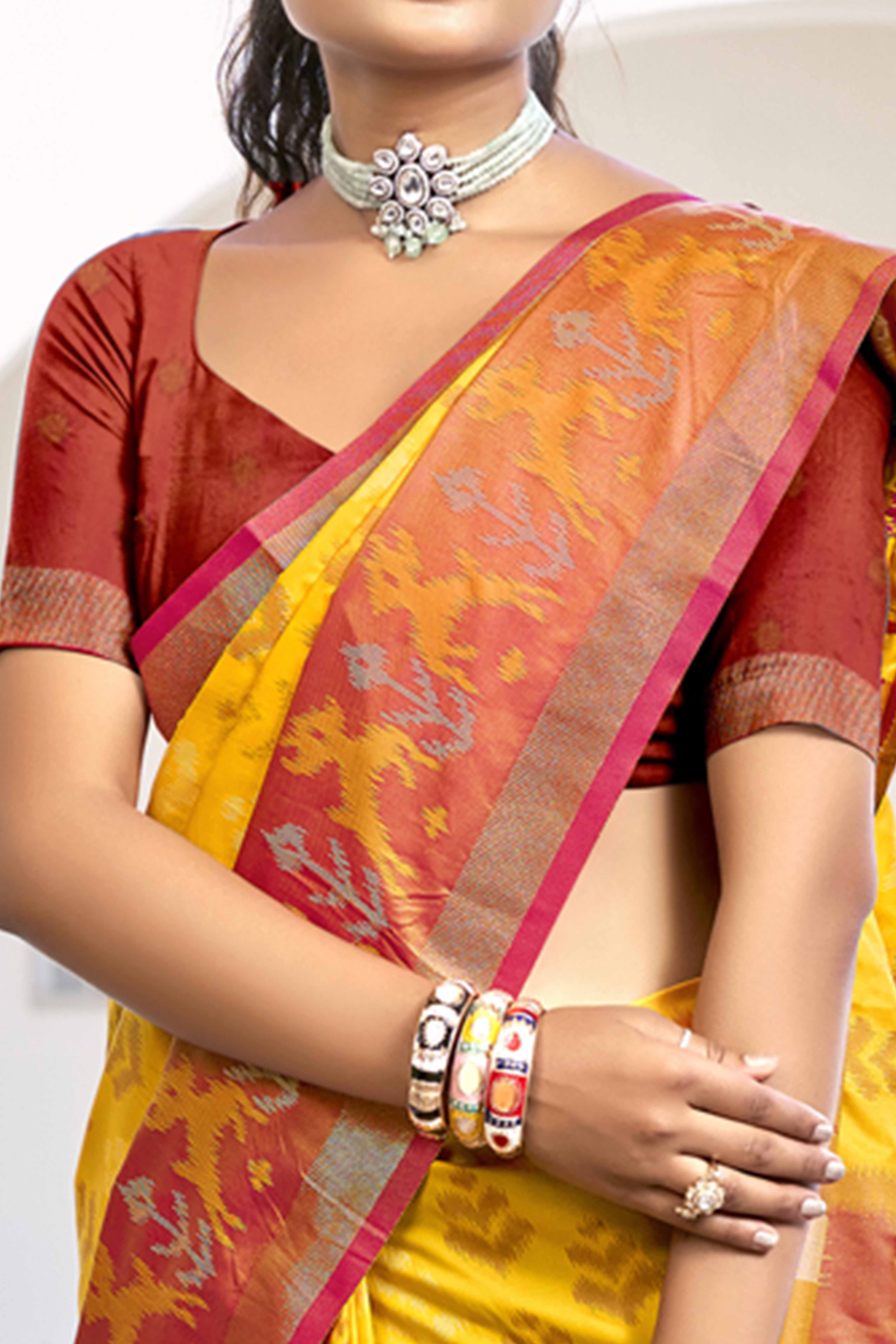 Mustard Yellow Ikat Woven Silk Saree for Festive Celebrations