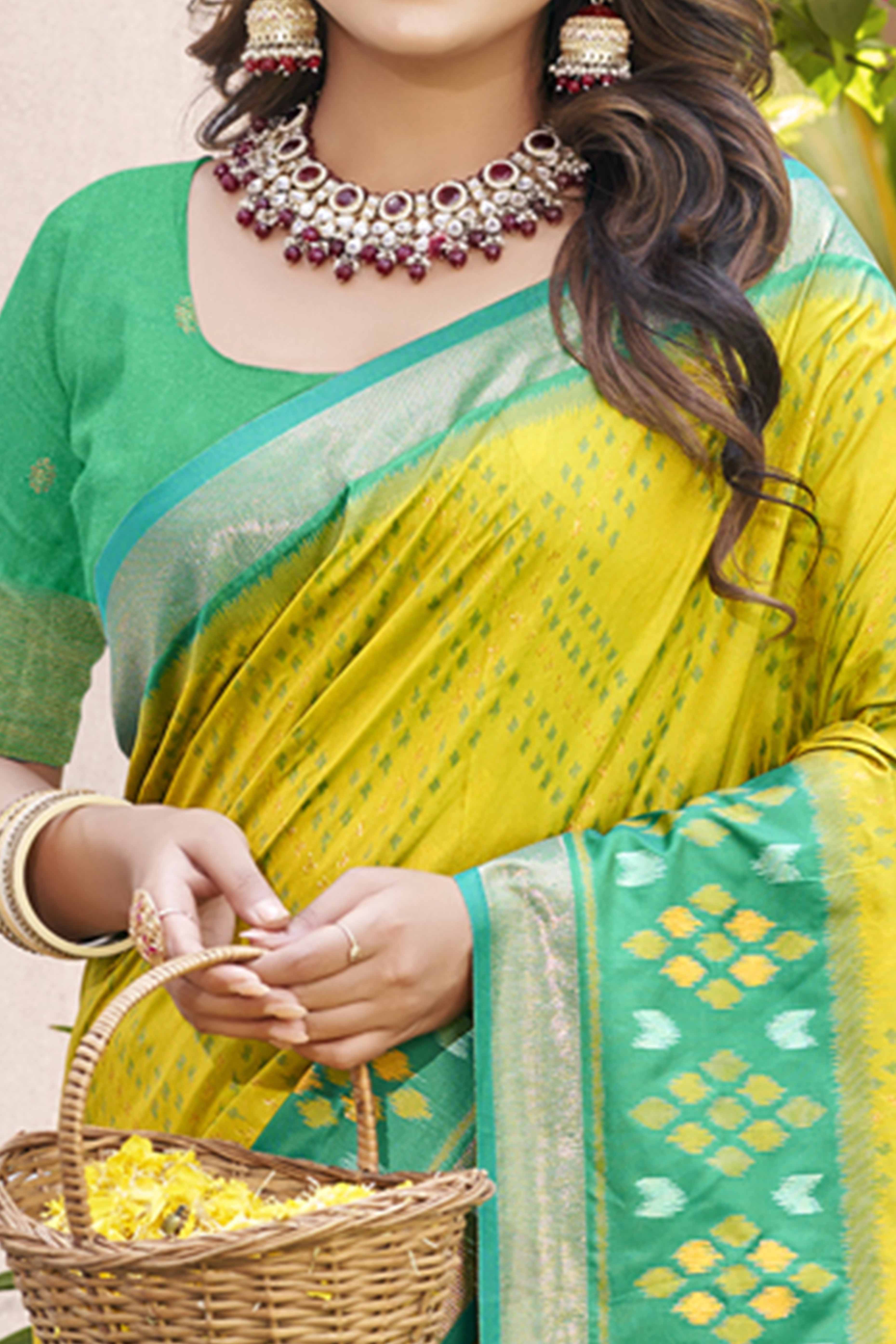 Lemon Yellow Ikkat Woven Silk Saree for Festive Celebrations