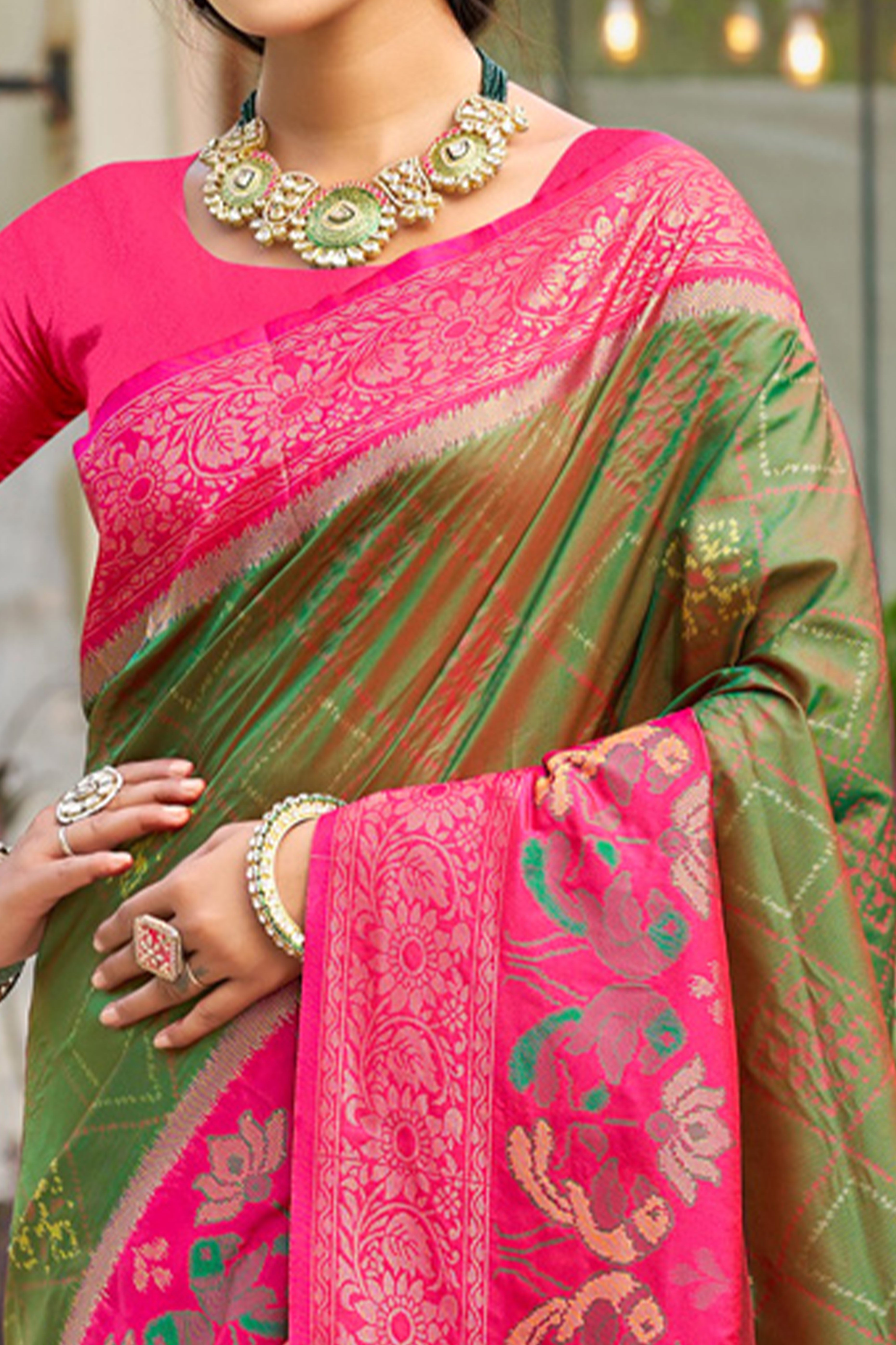 Graceful Mehendi Green Pochampally Silk Blend Saree Adorned With Floral Weaving & Tassel Pallu