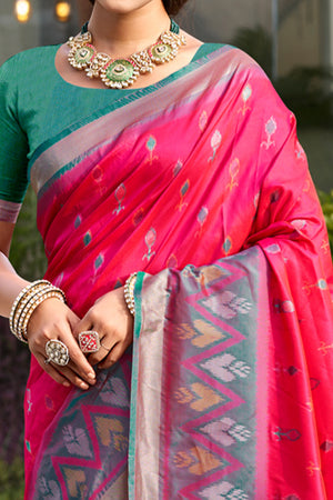 Elegant Pink Pochampally Ikkat Silk Blend Saree Featuring Intricate Weaving & Tassel Pallu