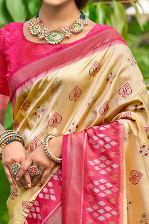 Classic Cream Pochampally Ikkat Silk Blend Saree Completed With Refined Weaving & Tassel Pallu