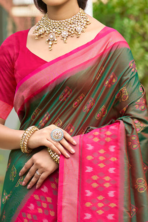 Mehendi Green Pochampally Ikkat Silk Blend Saree Completed With Refined Weaving & Tassel Pallu