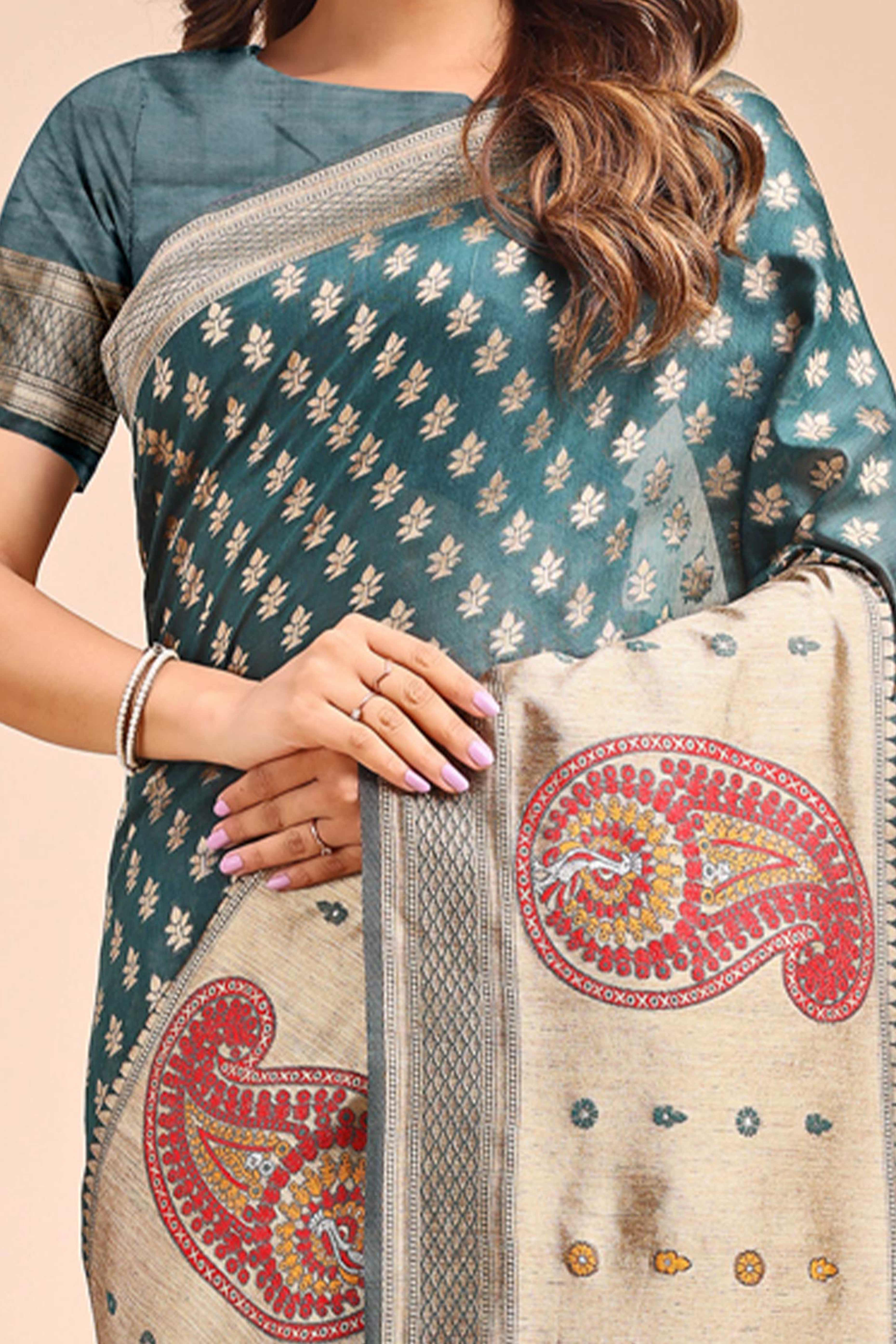 Teal Zari Butti Weaving Linen Cotton Saree