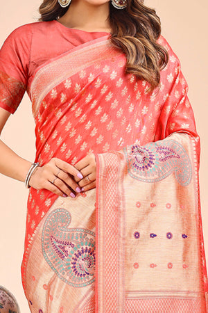 Peach Zari Butti Weaving Linen Cotton Saree