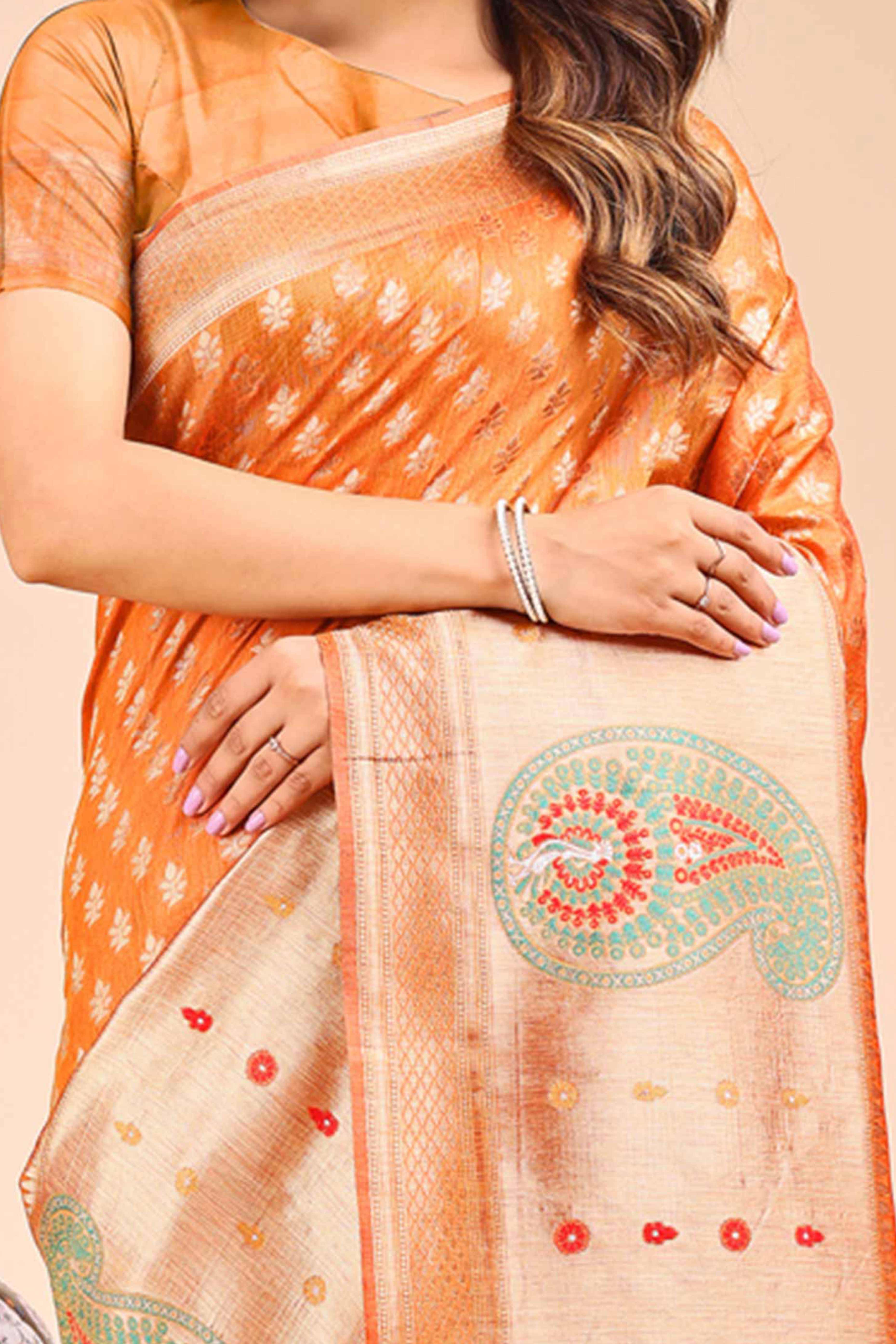 Rust Orange Zari Butti Weaving Linen Cotton Saree