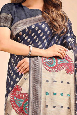 Navy Blue Zari Butti Weaving Linen Cotton Saree
