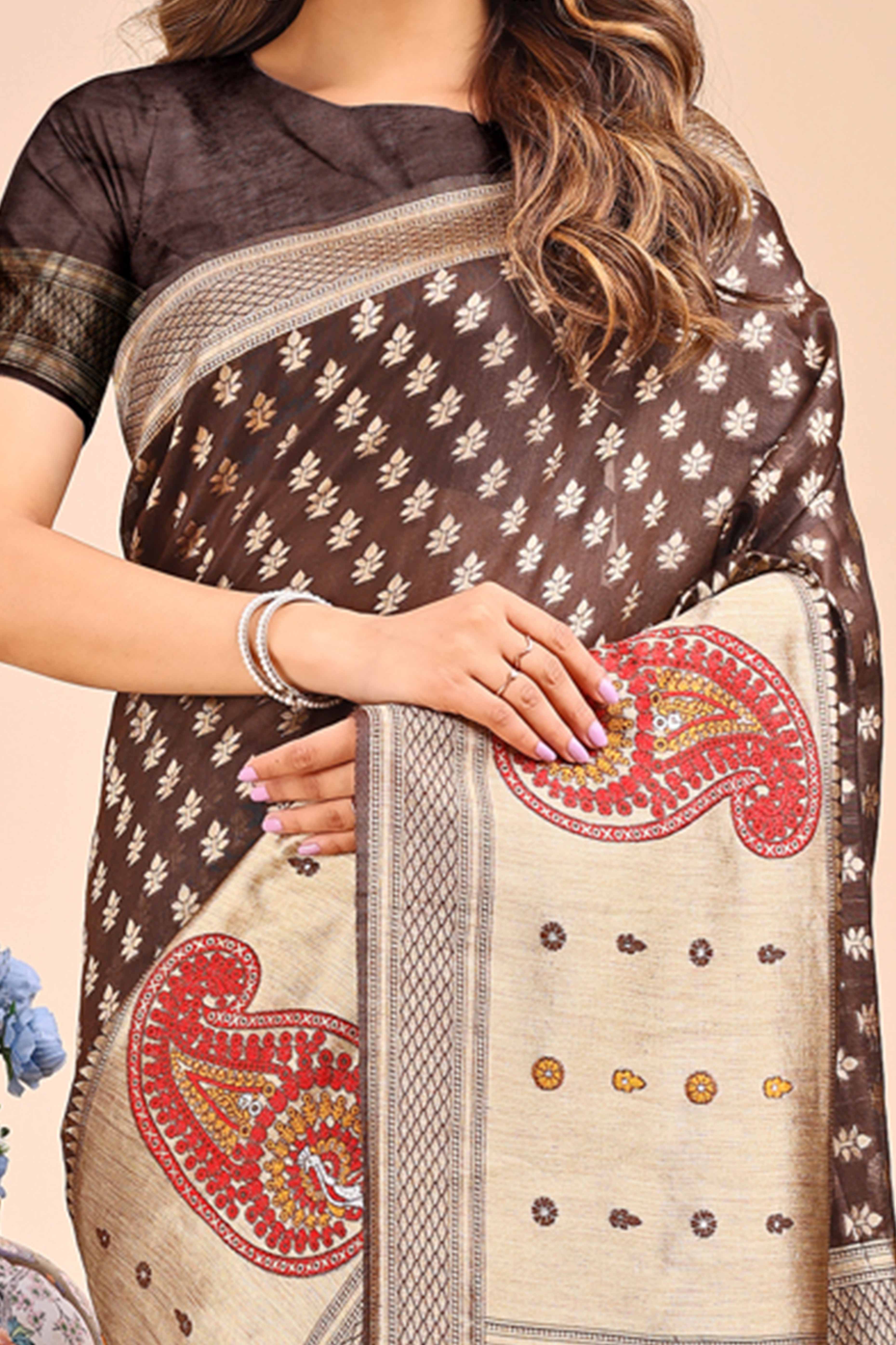 Brown Zari Butti Weaving Linen Cotton Saree