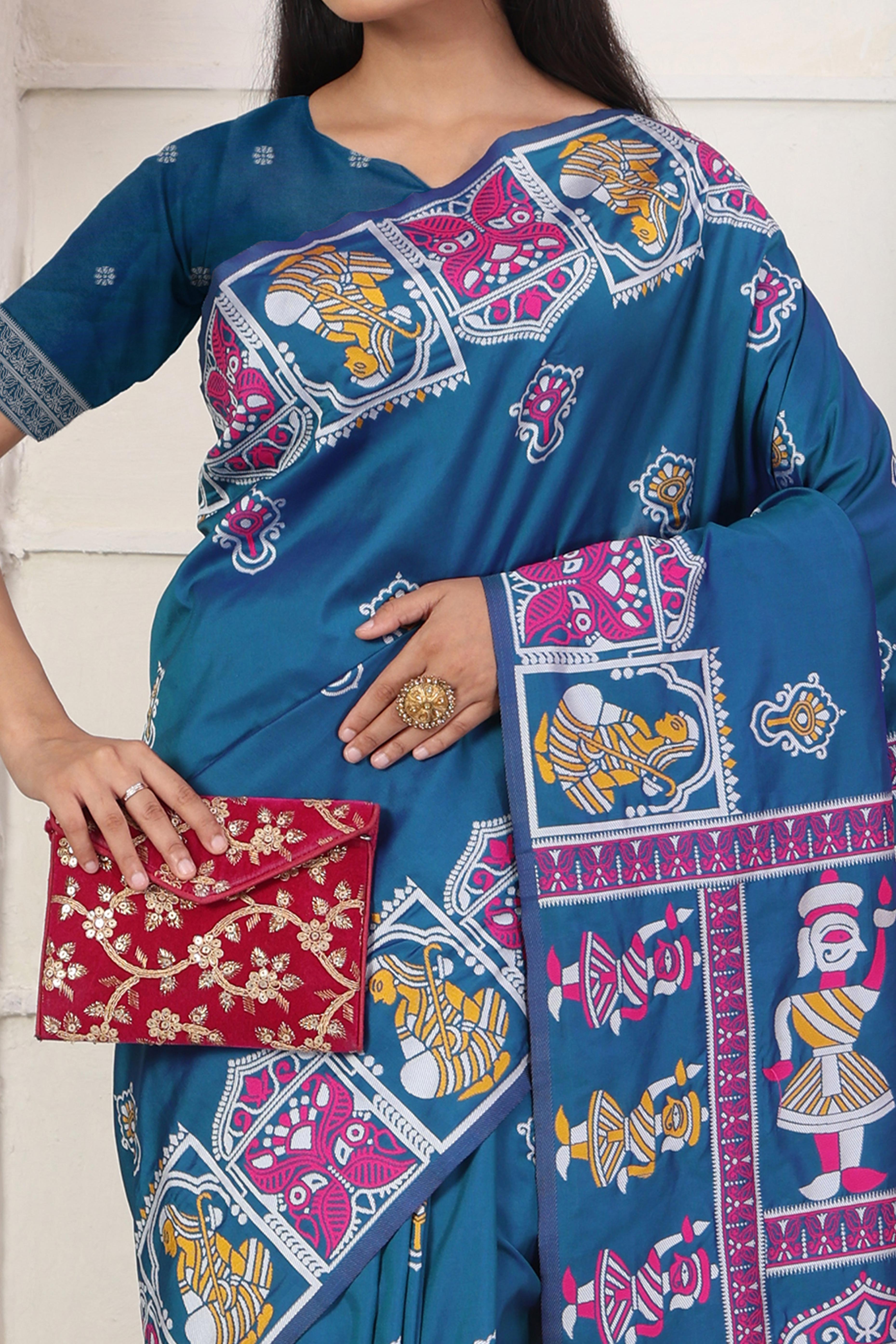 Teal Blue Ethnic Madhubani Print Silk Blend Saree Enhanced With Tassel Pallu Accents