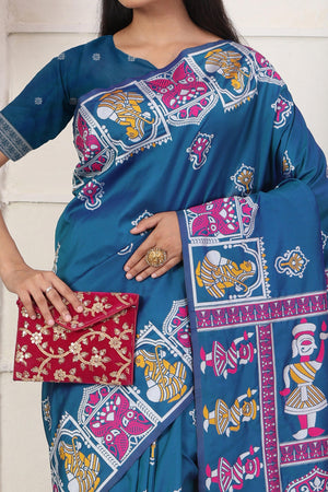 Teal Blue Ethnic Madhubani Print Silk Blend Saree Enhanced With Tassel Pallu Accents