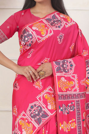 Pink Ethnic Madhubani Print Silk Blend Saree Enhanced With Tassel Pallu Accents