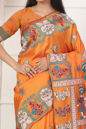 Orange Ethnic Madhubani Print Silk Blend Saree Enhanced With Tassel Pallu Accents