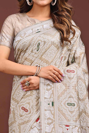 Traditional Bandhani Inspired Woven Beige Saree in Breathable Linen Cotton