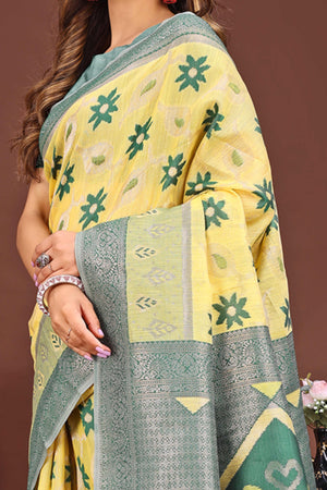 Yellow Ethnic Saree in Linen Cotton Fabric with Intricate Floral Pattern Weaving