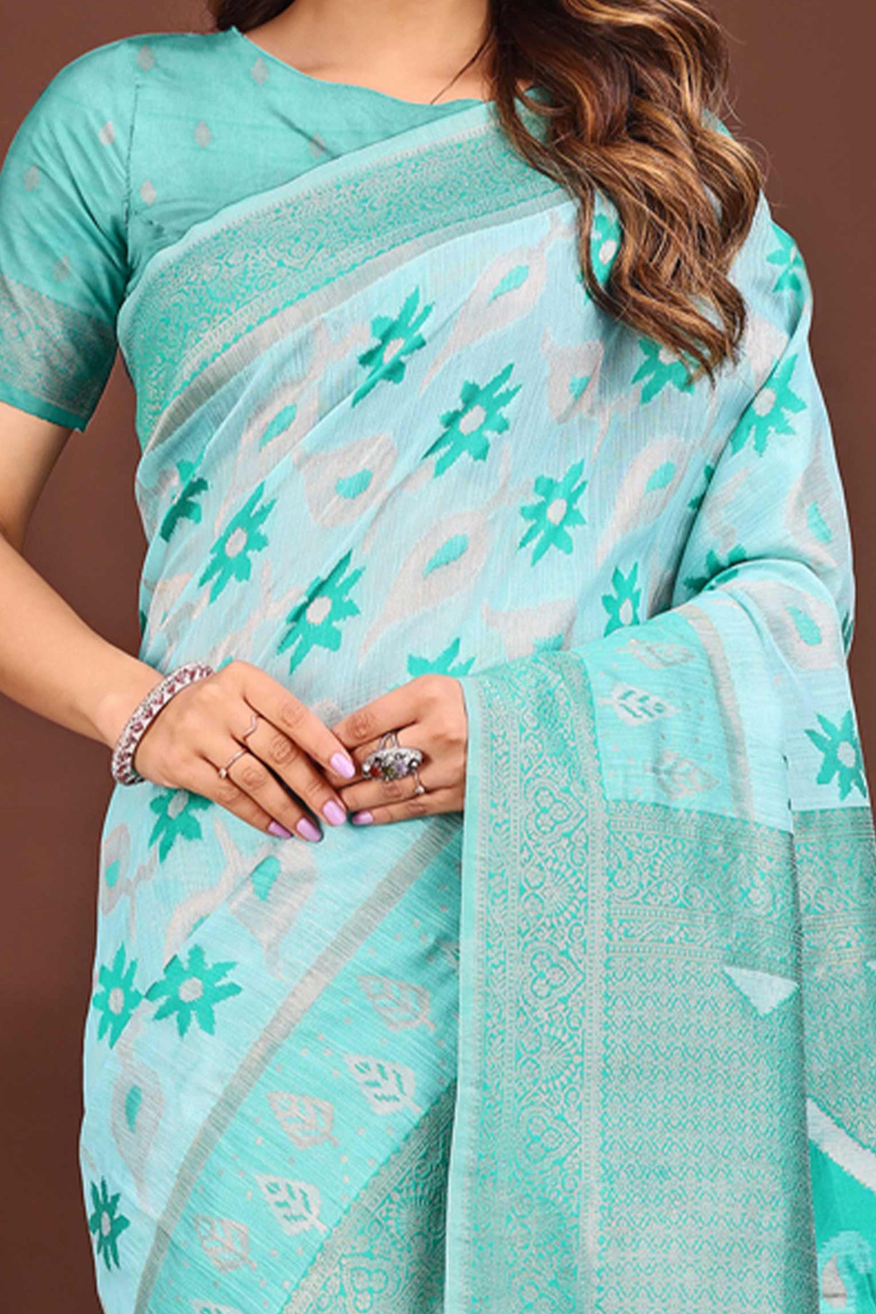 Sea Green Ethnic Saree in Linen Cotton Fabric with Intricate Floral Pattern Weaving