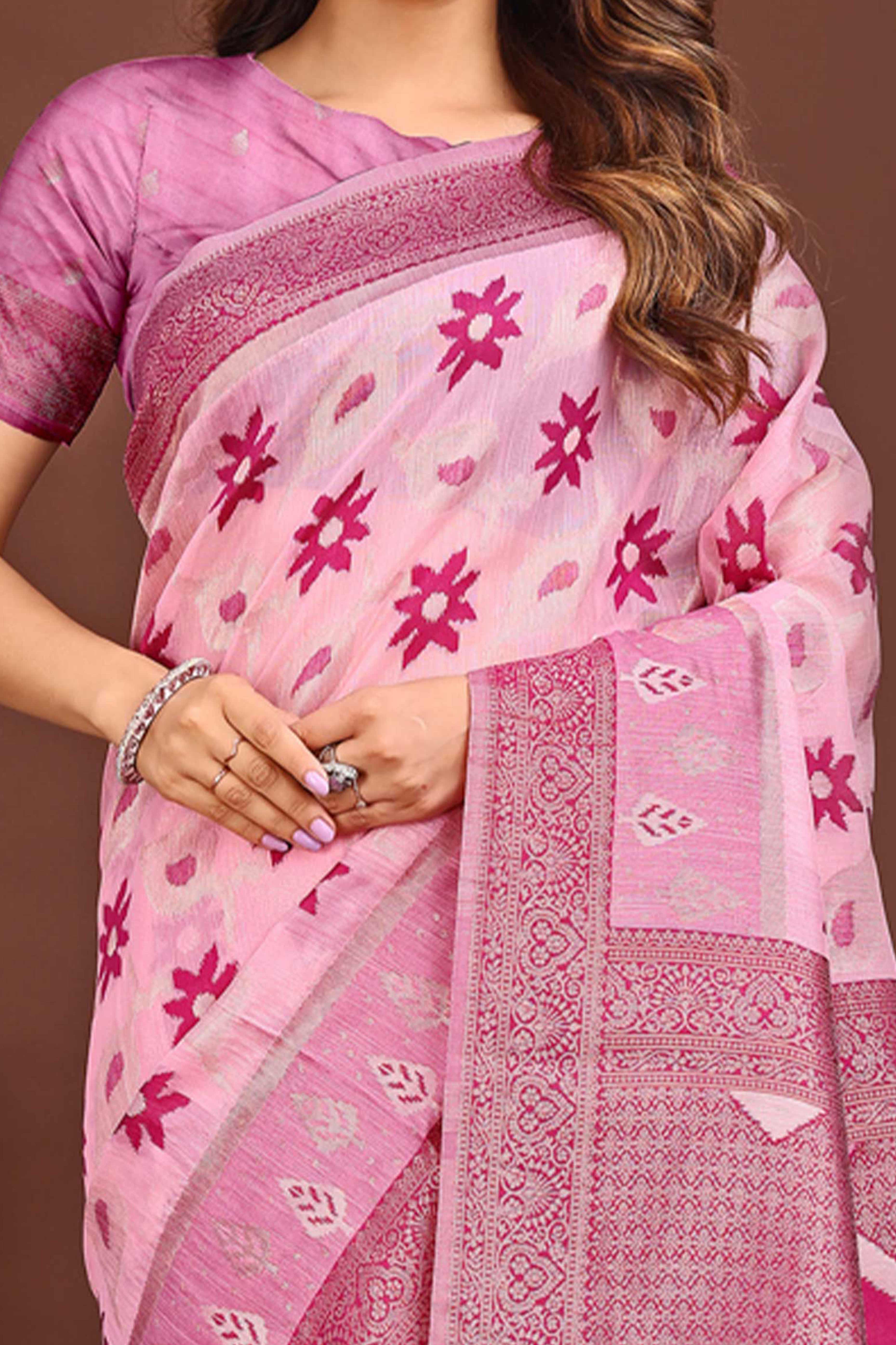 Pink Ethnic Saree in Linen Cotton Fabric with Intricate Floral Pattern Weaving