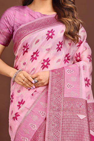 Pink Ethnic Saree in Linen Cotton Fabric with Intricate Floral Pattern Weaving