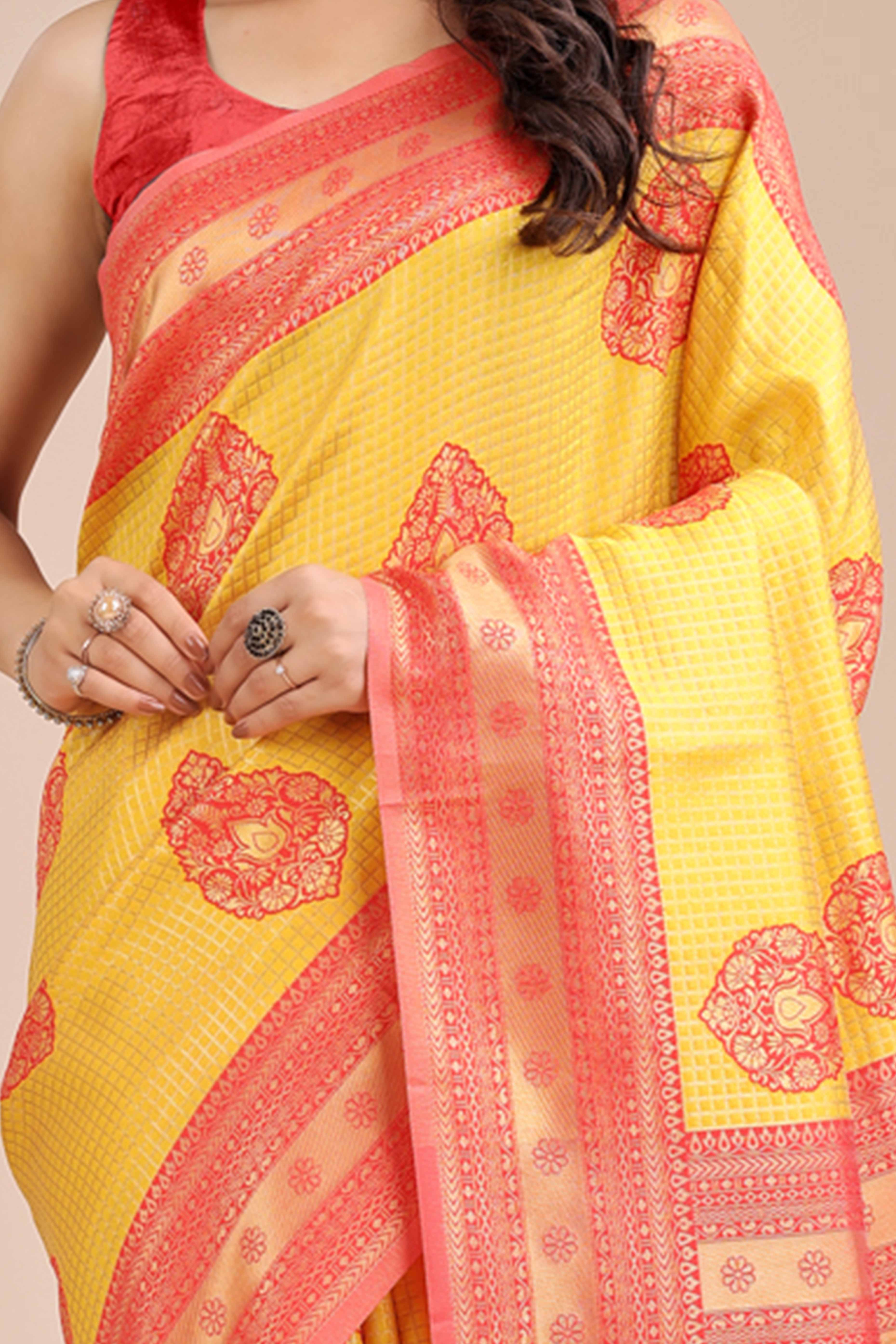 Yellow & Red Saree in Pure Banarasi Silk with Intricate Zari Borders and Motifs