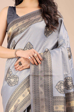 Grey Saree in Pure Banarasi Silk with Intricate Zari Borders and Motifs