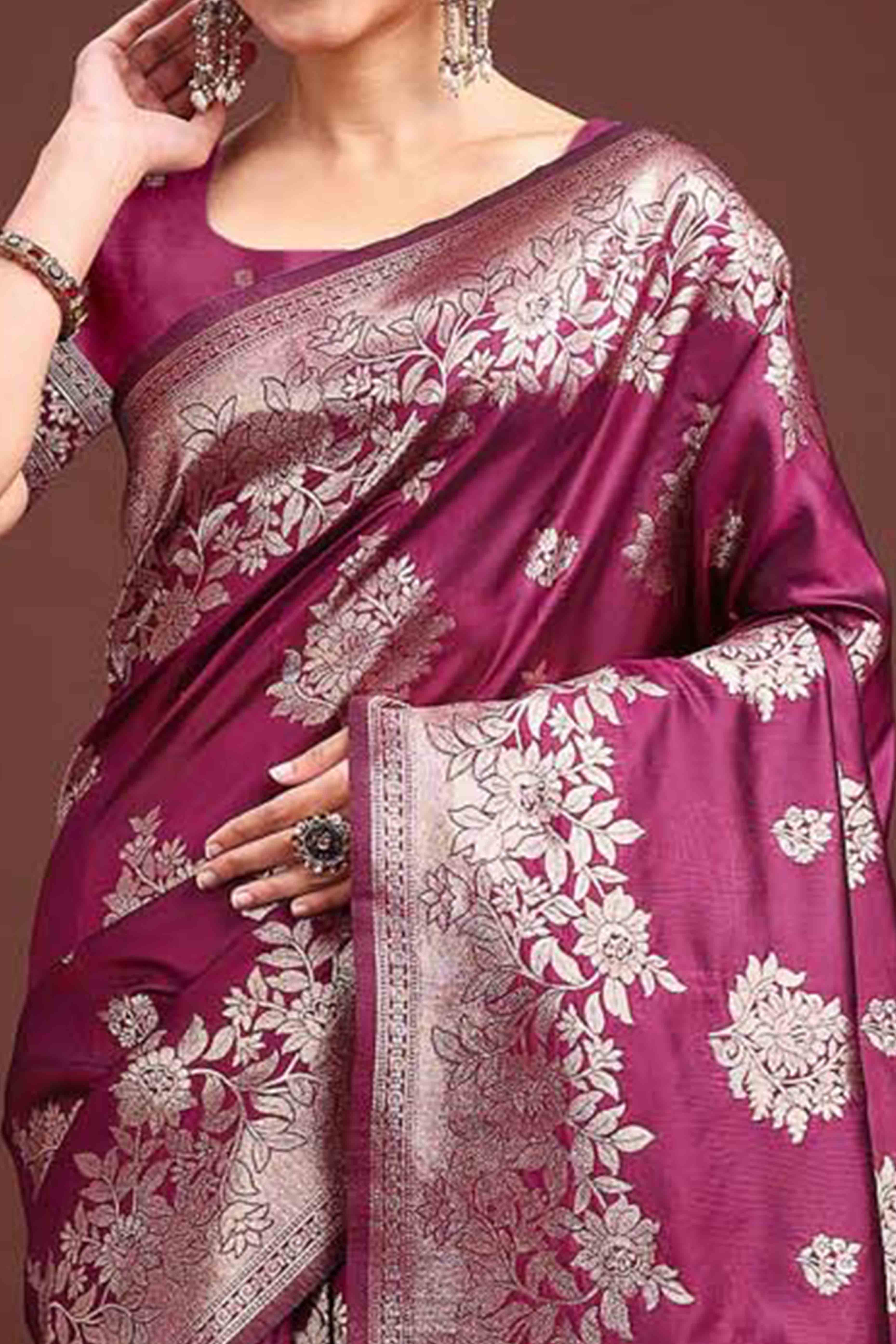 Wine Banarasi Silk Saree With Floral Zari Weaving & Elegant Tassels