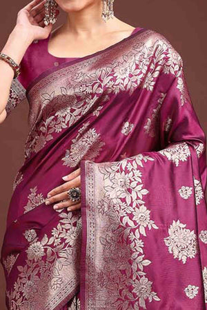Wine Banarasi Silk Saree With Floral Zari Weaving & Elegant Tassels