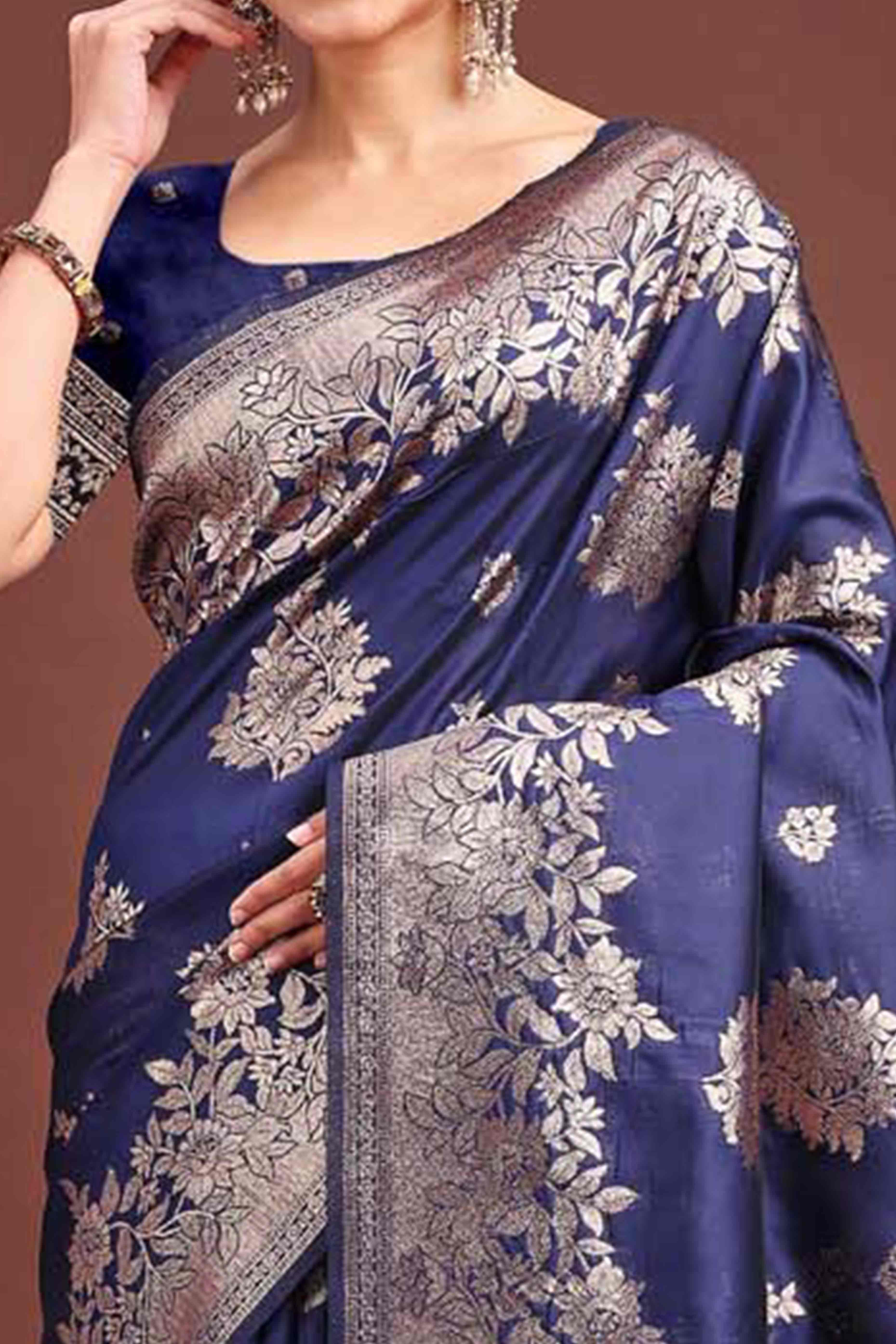 Navy Blue Banarasi Silk Saree With Floral Zari Weaving & Elegant Tassels