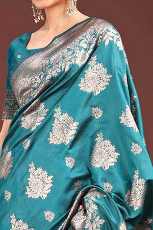 Rama Blue Banarasi Silk Saree With Floral Zari Weaving & Elegant Tassels