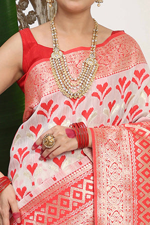 White & Red  Fusion Linen Cotton Saree With Classic Zari Weaving And Soft Tassel Accents