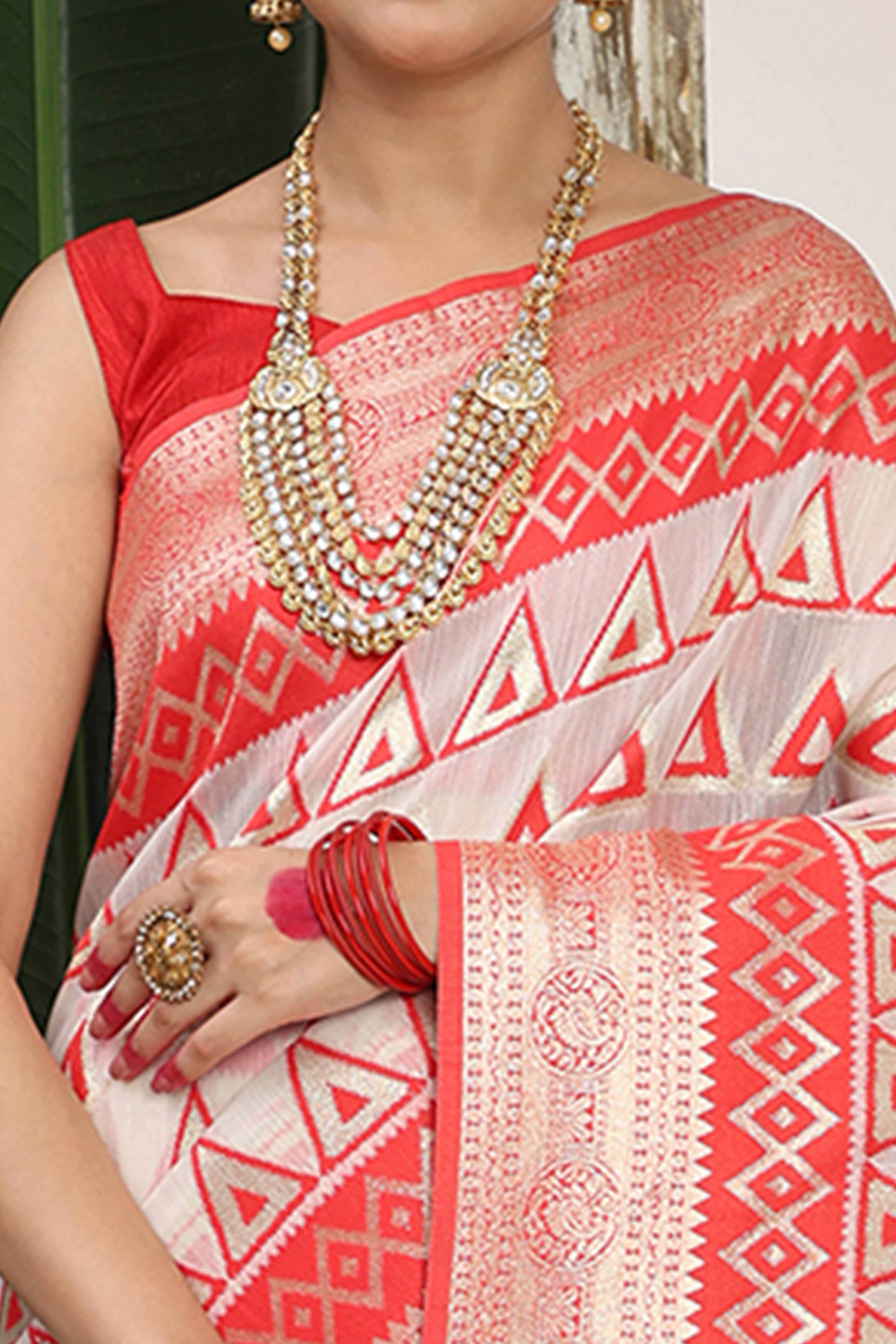 Traditional White & Red Linen Cotton Saree With Intricate Zari Weaving Work And Tassel Pallu